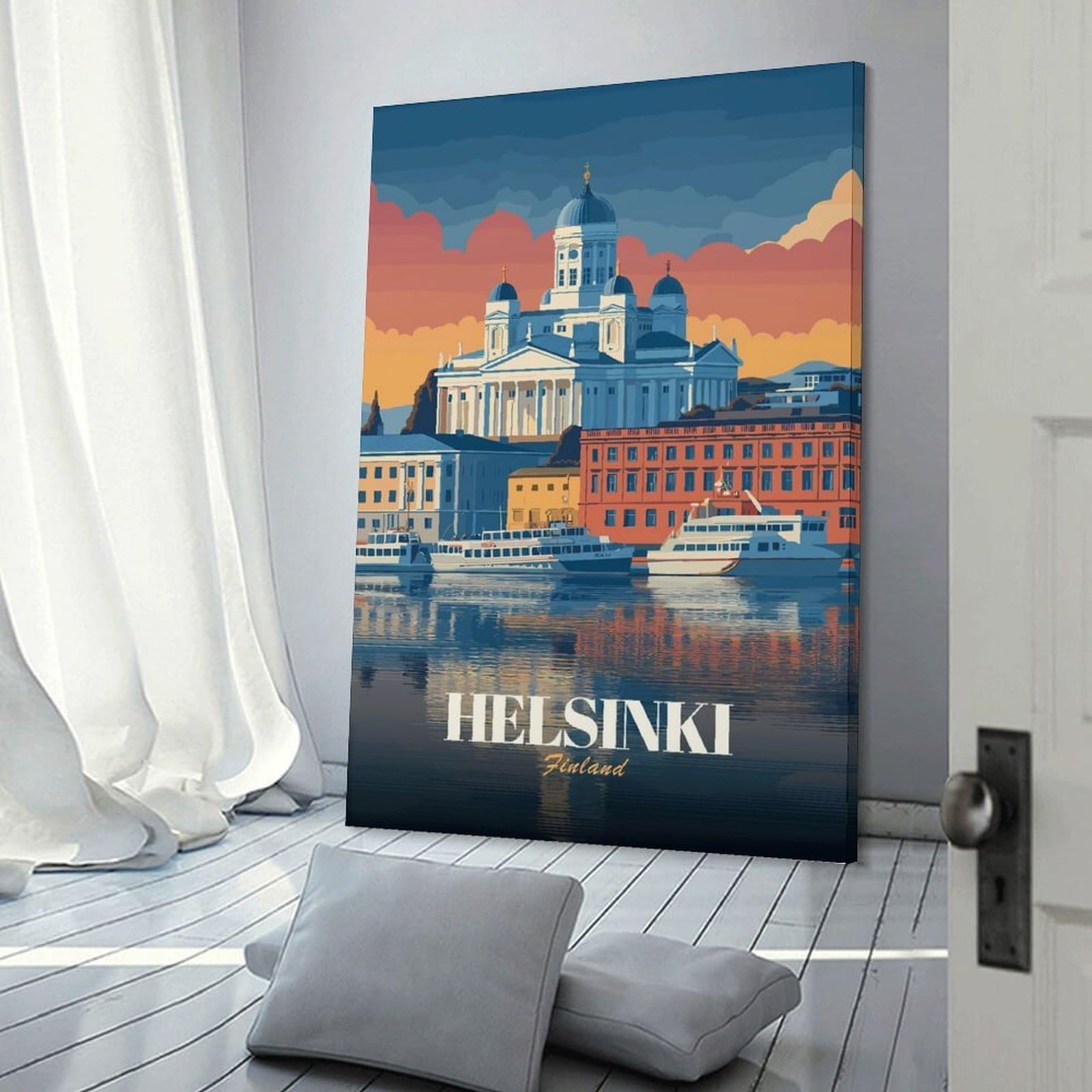 Junmoney Helsinki, Finland Cityscape Illustration Hanging Wall Art, 12x18inch(30x45cm), for Living Room, Bedroom, Office Or Hallway, Decorative Artwork with Broad Appeal