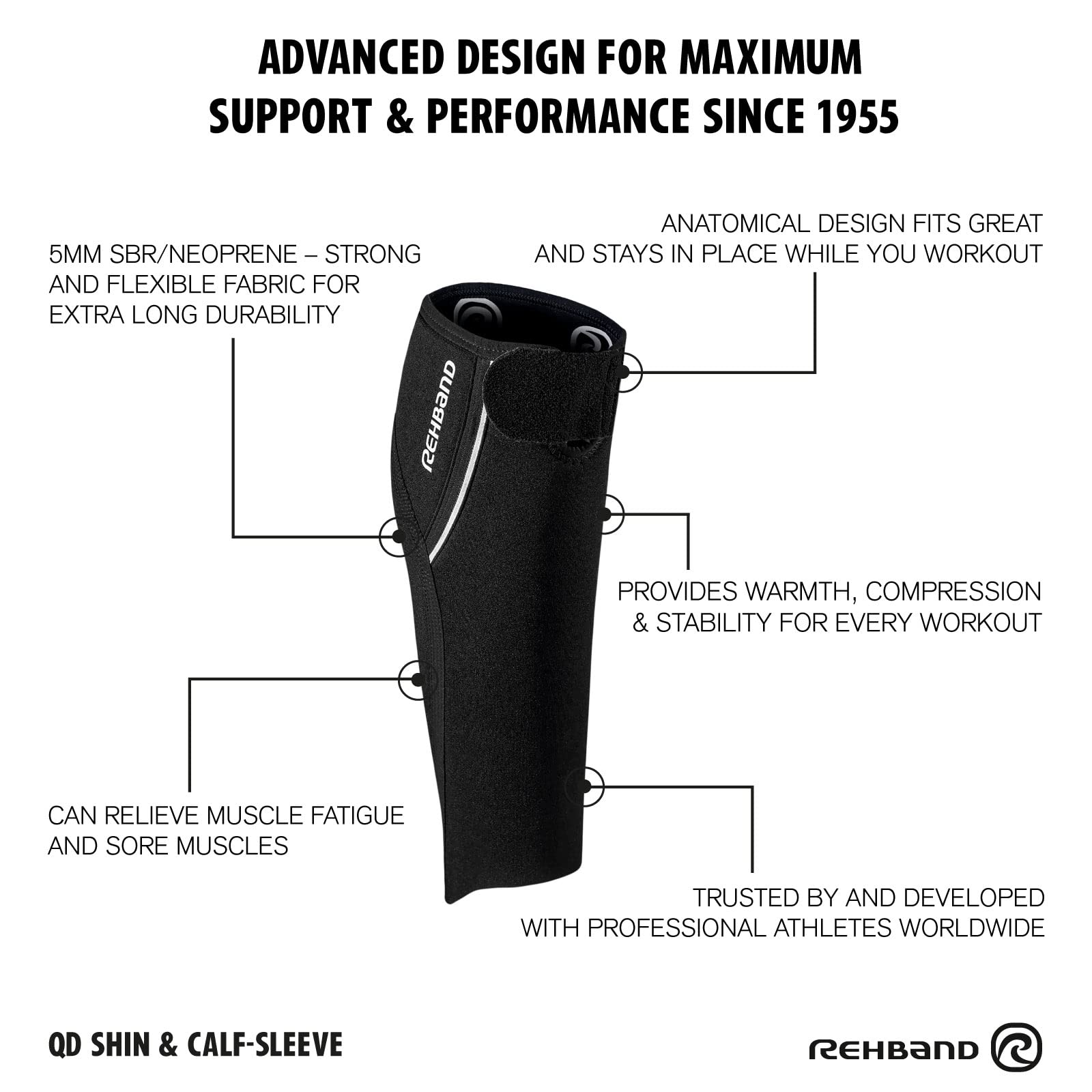 Rehband QD Fascia Polpaccio in Neoprene 5 mm, Calf Sleeve a Compressione per Uomo e Donna, Supporto per Polpaccio e Tibia per Corsa, Pallamano e Calcio