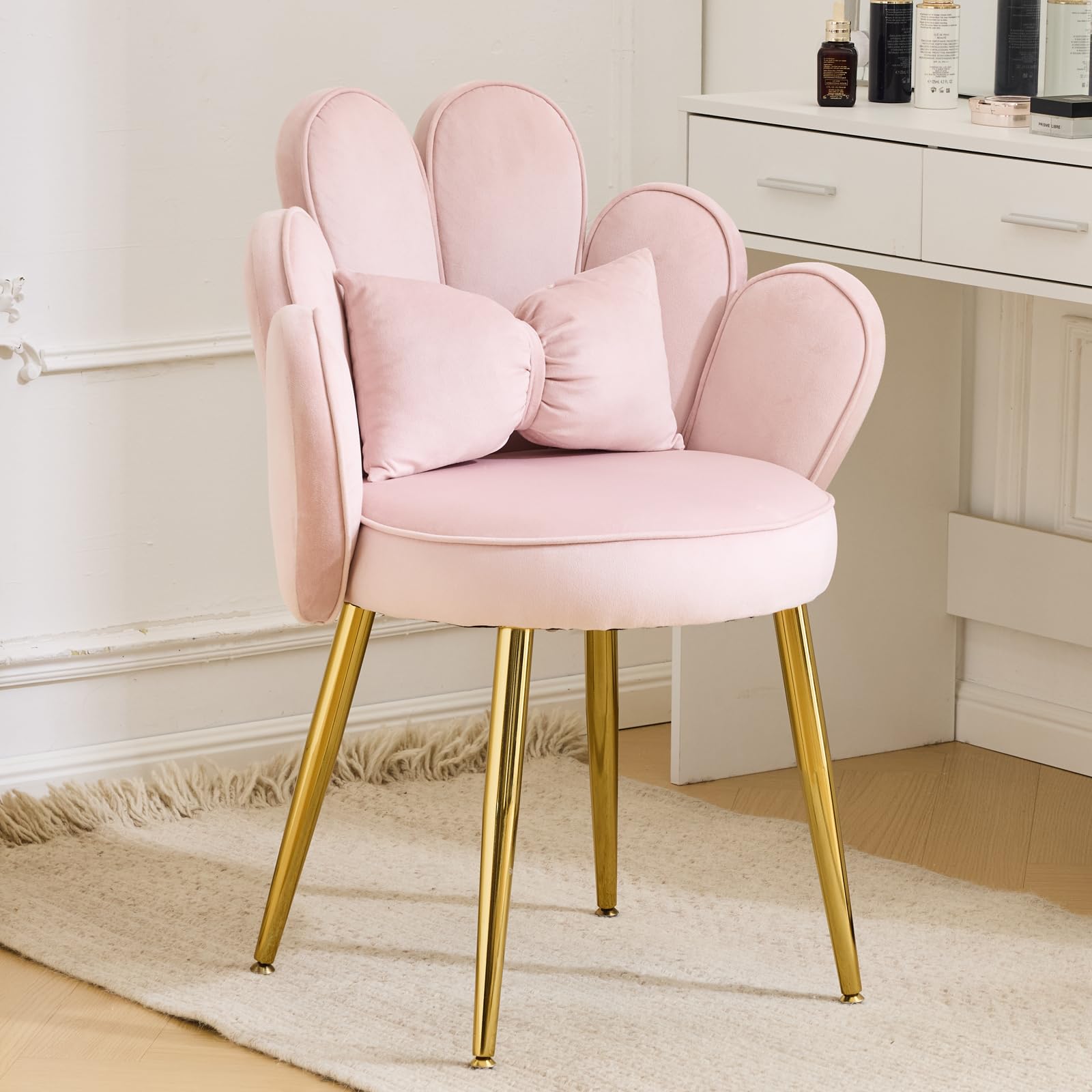 Bonnlo Schminktisch Stuhl mit Blütenblatt-Rückenlehne, Sessel Wohnzimmer, Schminkstuhl, Moderner Esszimmerstuhl mit verstellbaren Goldbeinen & Schleifenkissen für Schlafzimmer, Homeoffice, Rosa