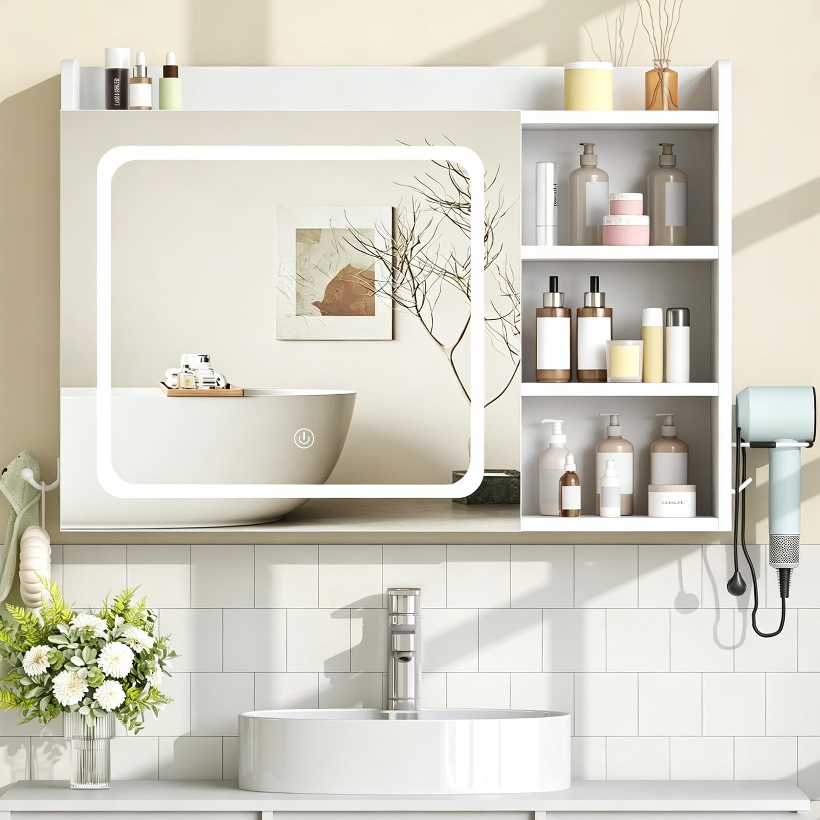 BEWISHOME Armario Espejo de Baño con Luz LED 3 Tonos Regulables | Mueble Espejo de Pared con Estantes Ajustables,Soporte y Ganchos para Secador de Pelo,Blanco 17.5 x 80 x 60 cm EYJG01W