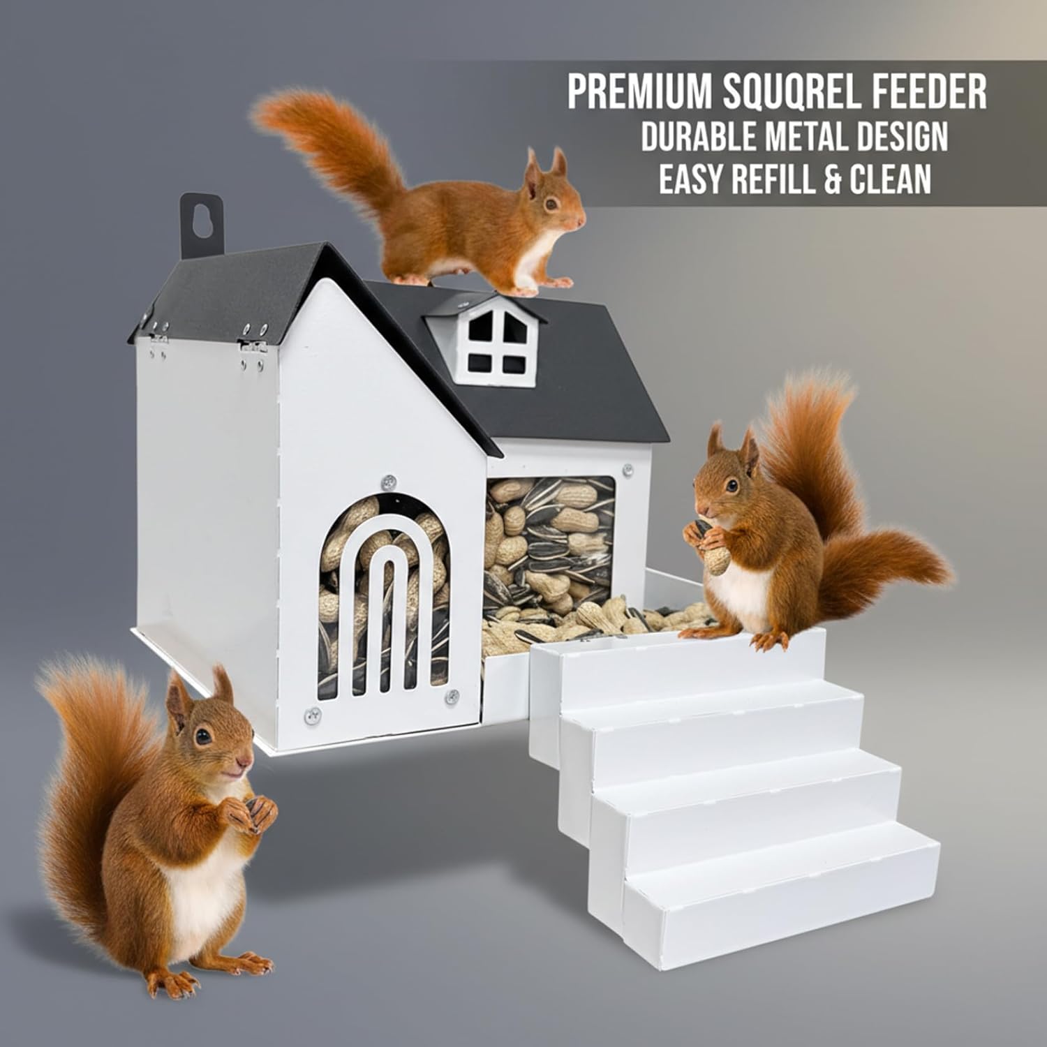 Squirrel Box, Squirrel Houses for Outside, 9.4×7.3×6.4" Iron Feeder with Clear Window & Step for Backyard, Garden, Outdoor, Nesting Box