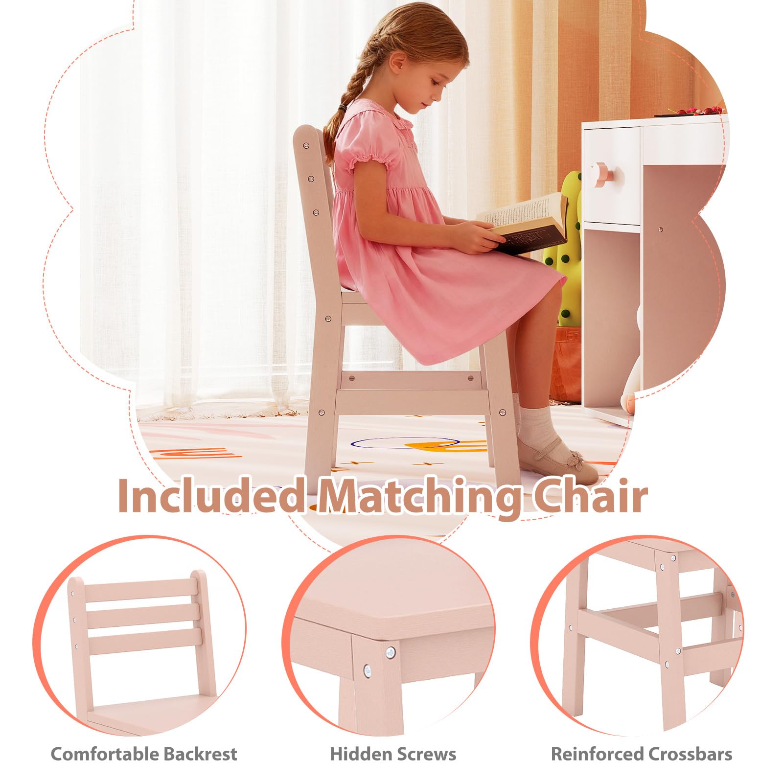 LIFEZEAL Ensemble de Coiffeuse 2 en 1 pour Enfants, Coiffeuse Princesse avec Miroir LED et Tabouret, Coiffeuse en Bois avec tiroir et étagère, Ensemble de Coiffeuse pour Filles 3 Ans et Plus (Rose)