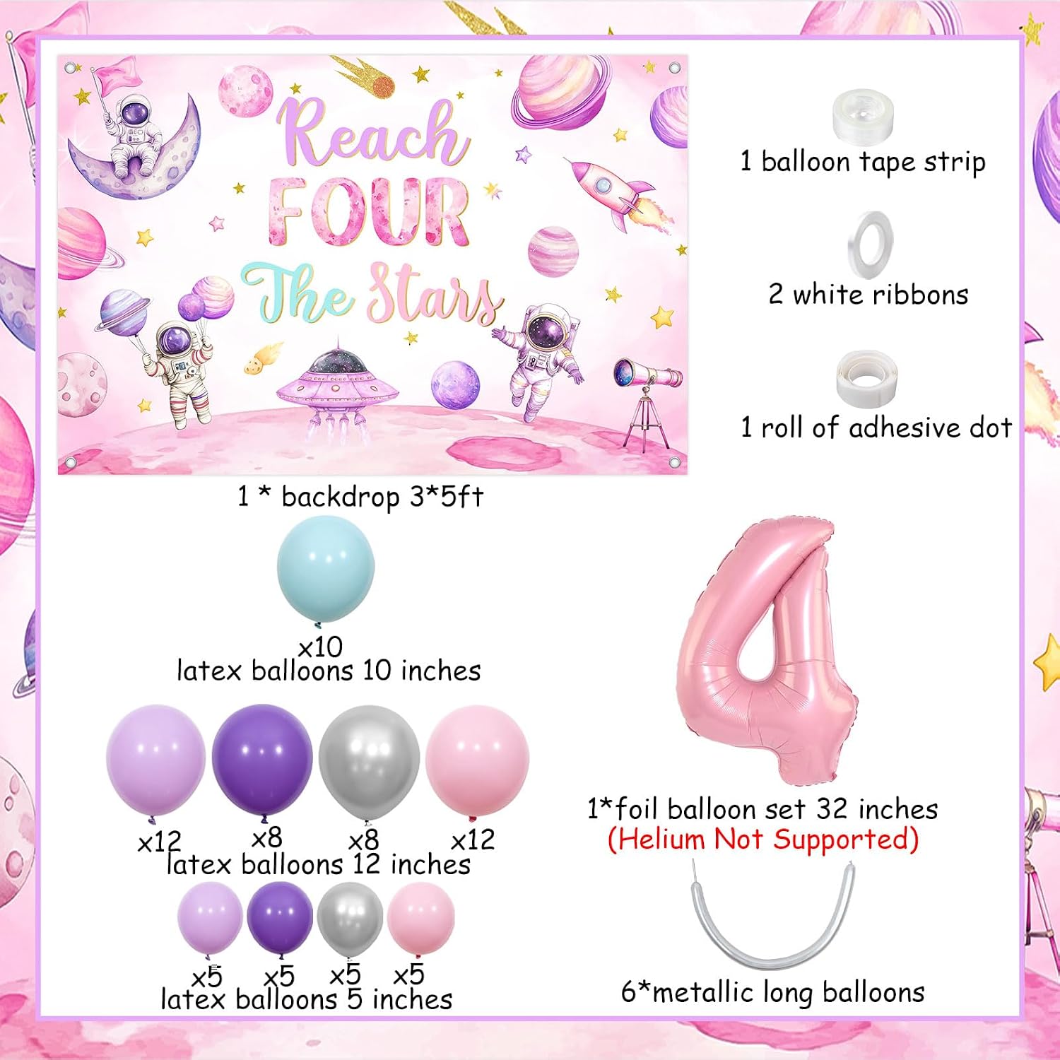 Space Theme 4th Birthday Decorations Pink Reach Four The Stars Backdrop Banner Outer Space Birthday Balloon Garland Galaxy Universe Planet Rocket Party Decoration Solar System 4th Bday Supply
