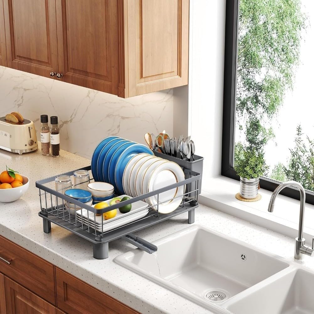 Kitchen Countertop Stainless Steel Dish Drying Rack with Utensil Holder and Drainboard for Organized Drying and Prevention of Water Spills(Gray)