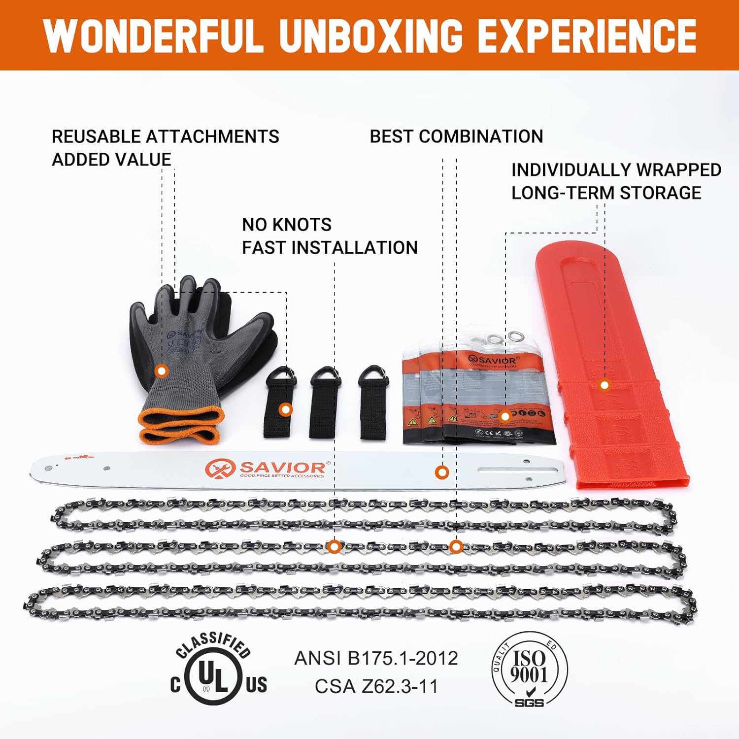 Savior 18 Inch Chainsaw Guide Bar and Chain Combo, 3/8 LP Pitch .050 Gauge 62 Drive Links Replace Oregon 180SDEA041 39272 Guide Bar, Fits Poulan Ego Greenworks Echo Kobalt and More (3 Chains  1 Bar)