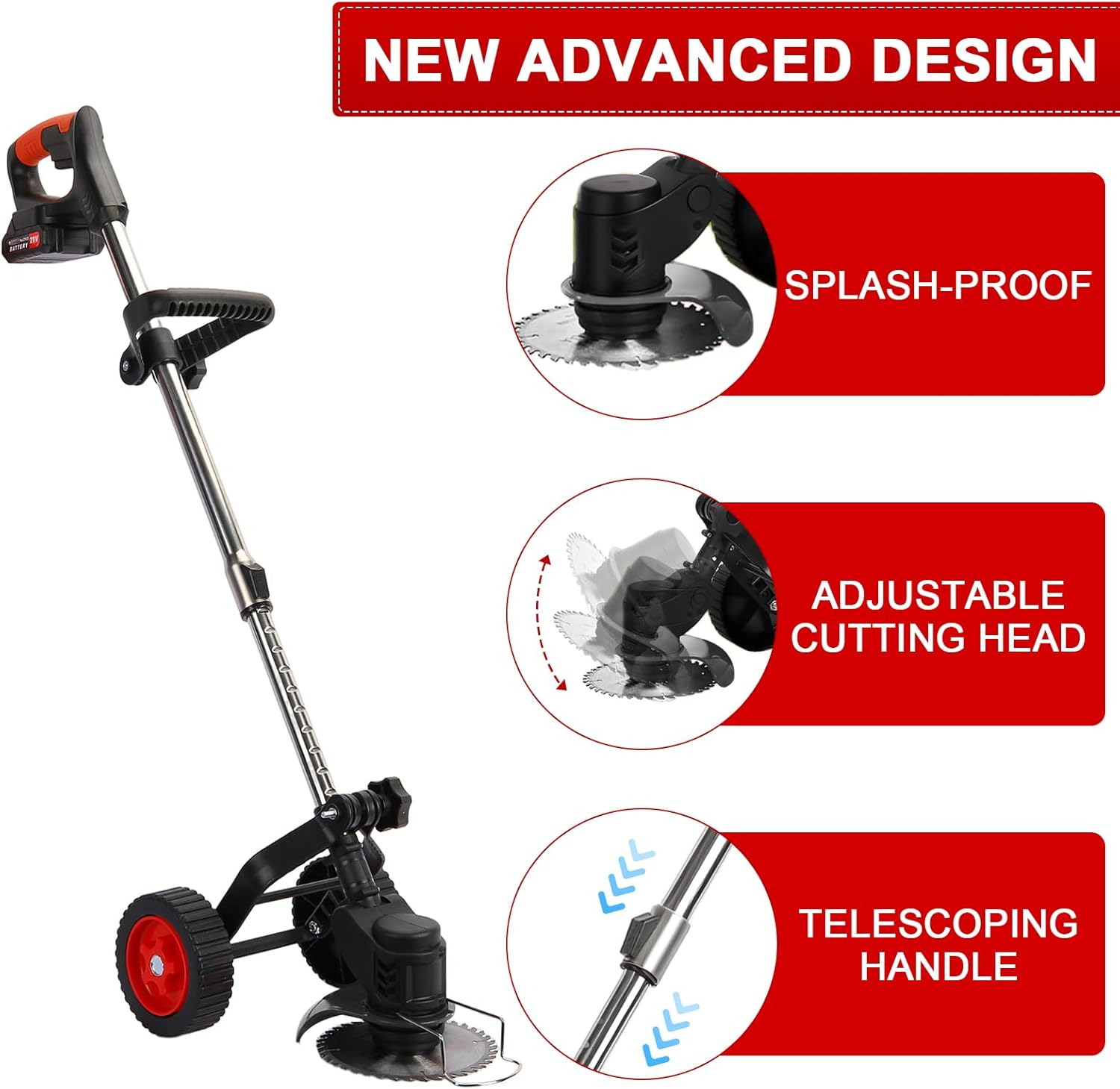10 Inch Cordless Weed Eater, Electric Trimmer & Rechargeable Lawn Mower with Brushless Motor, Telescopic Adjustable Shaft, 180° Pivot Head, Dual Batteries & Two Blades (Black)