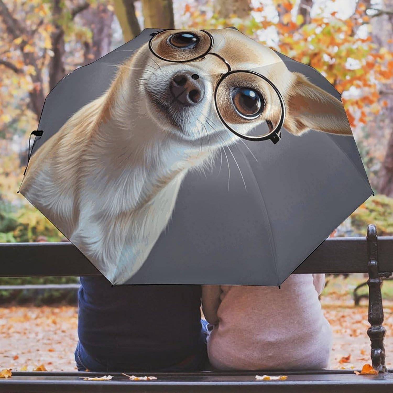 Chihuahua Dog Glasses Golf Umbrellas-2 Fold Automatic,Windproof Umbrella with Portable,Strong,Folding Umbrella for Women Men