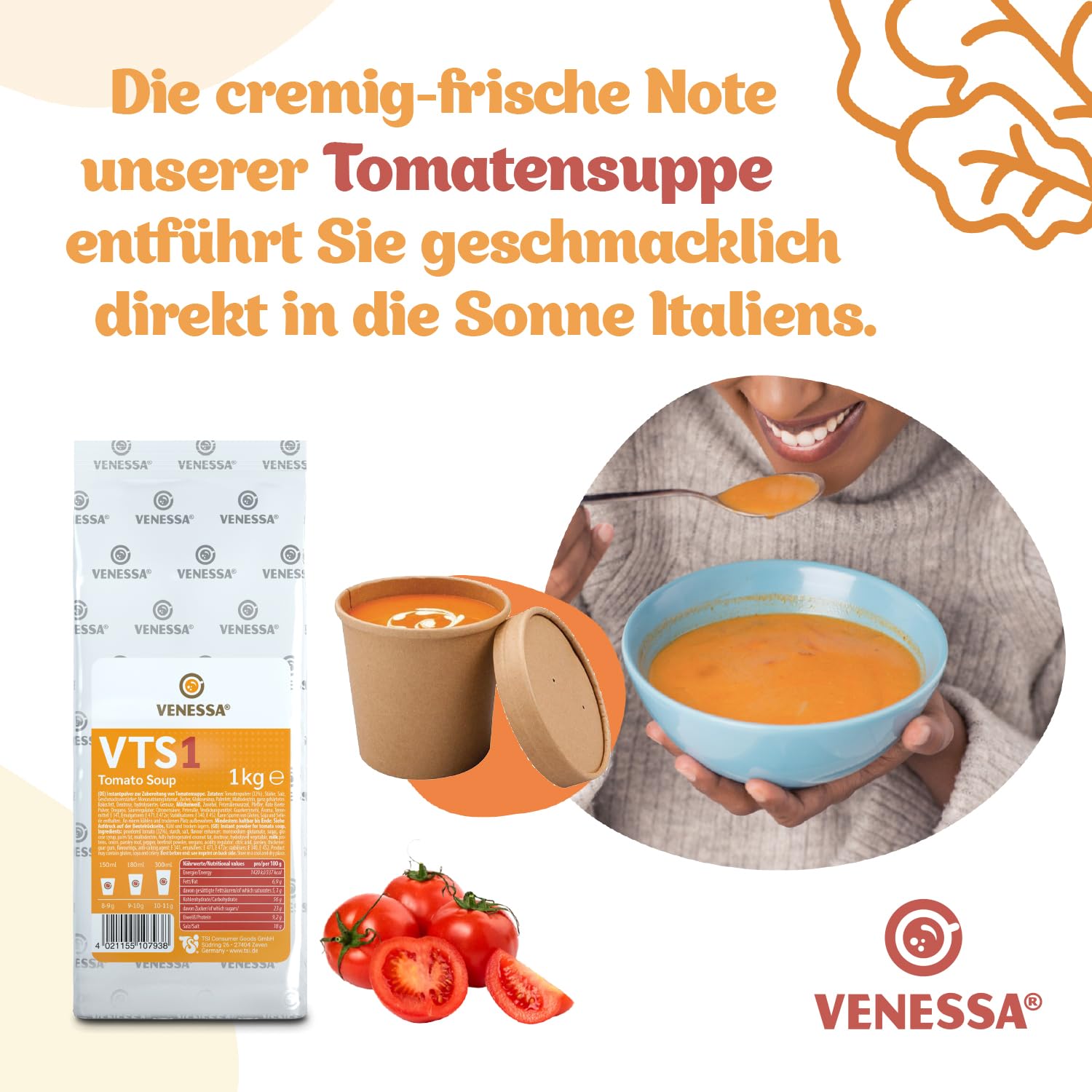 VENESSA VTS 1 zupa pomidorowa 20 x 1 kg – korzystne opakowanie – kremowa śródziemnomorska zupa pomidorowa, wyrafinowana, zaokrąglona z przyprawami do automatów automatycznych, do gastronomii