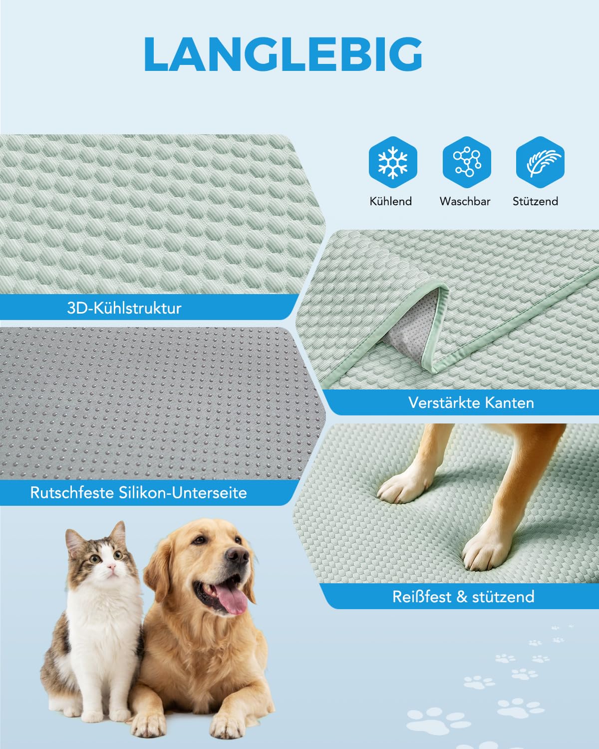 Lekesky kühlmatte Hund Waschbares Hundematte Bett Sommer Haustier Kühlmatte (Hellgrün 260x206CM)
