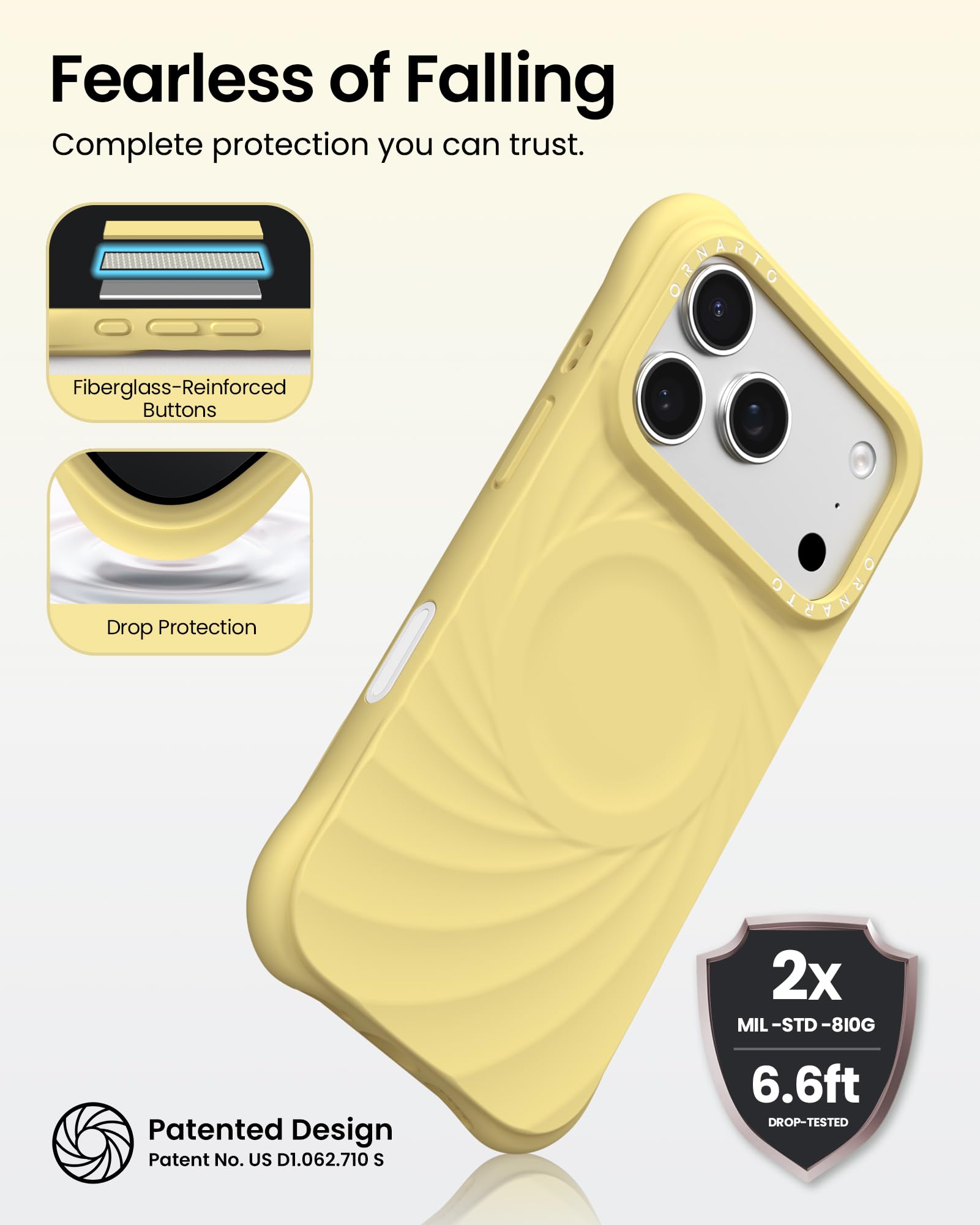 ORNARTO VORTUXE Cover per iPhone 17 Pro, [2X Protezione Grado Militare/Texture Ondulata/Compatibile con MagSafe] Morbido Silicone Liquido Custodia 6,3 pollici, Giallo