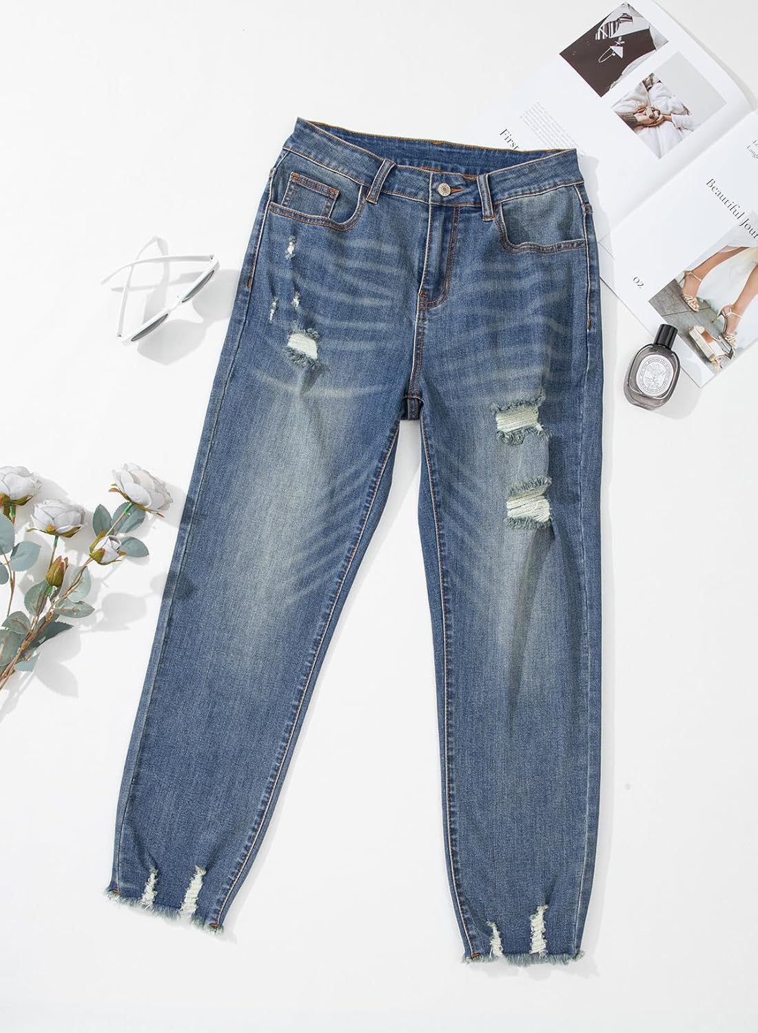 EVALESS Women's High Waisted Tummy Control Straight Ankle Ripped Jeans - Image 3