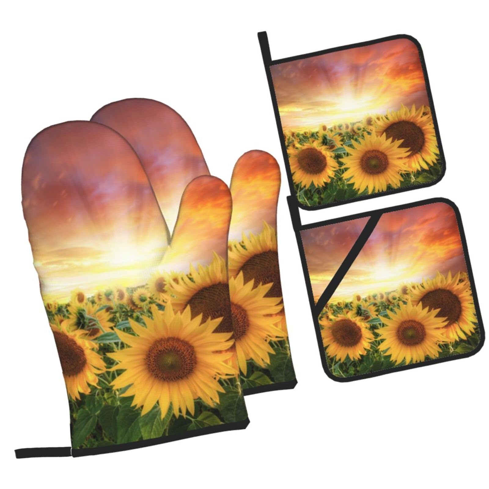 Sunflowers Sunset Sunlight Landscape Printed Oven Mitts and Pot Holders Heat Resistant Set of 4 Pcs, Modern Kitchen Gloves & Potholders for Cooking Baking Grilling