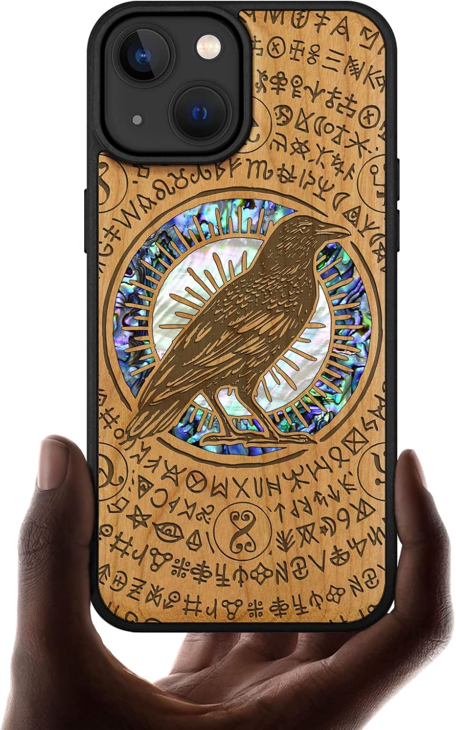 Carveit Designer Wooden Protective Magnetic Case for iPhone 14 Case [Wood Engraving & Shell Inlay] Unique Wood Phone Cover Compatible with iPhone 14 MagSafe 6.1 Inch (Viking-Rosy)