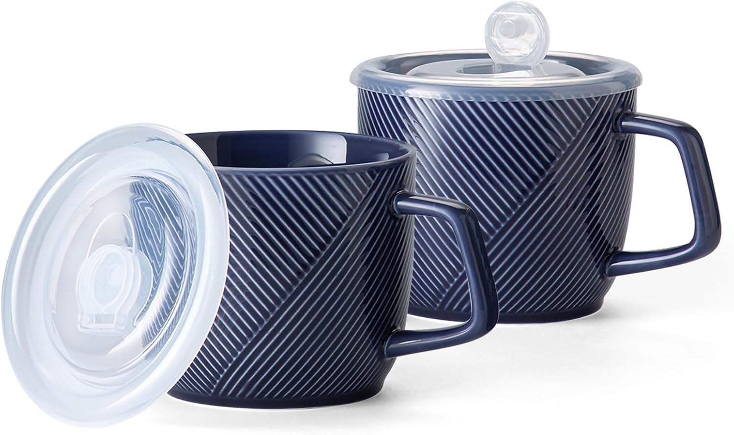 Ceramic Soup Bowls with Lid & Handle: 32 oz Microwave Safe Food Containers for Ramen Noodles Cereal Leftovers - Extra Large Mugs for Breakfast Lunch Picnic Camping - Navy, Set of 2
