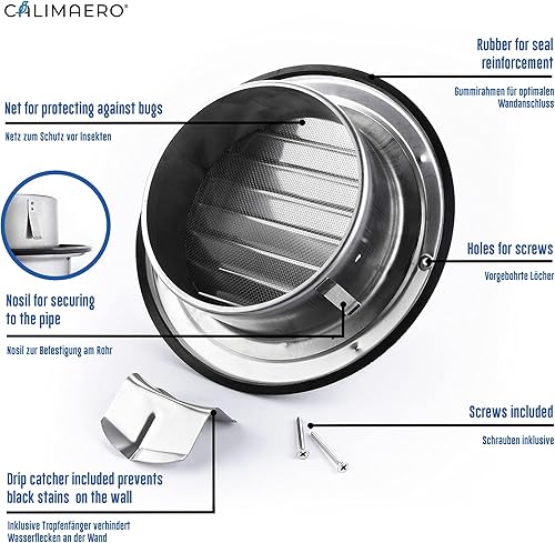 Miniatura 2 de calimaero KWG - Capucha redonda de acero inoxidable para parrilla de 5 pulgadas con sello de goma, se adapta solo a conductos de metal
