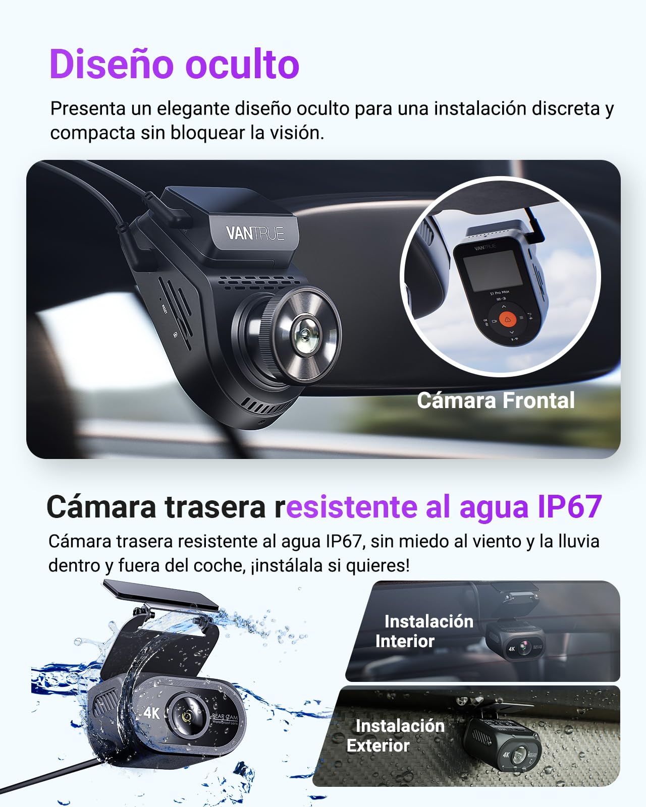 VANTRUE S1 Pro MAX 4K+4K Dual STARVIS 2 Dash CAM Coche, dashcam cámara Coche, 5G WiFi PlatePix AI GPS 360 Grados HDR Buffer, cámara para Coche, LTE Opcional, comandos de Voz, 1 TB máx.