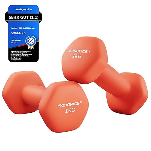 SONGMICS Set von 2 Hanteln, 2 x 1 kg, Sechseckige Hanteln mit Vinyl-Oberfläche, für Fitness, Training, Heimtraining, Orange Papaya SYL902O01