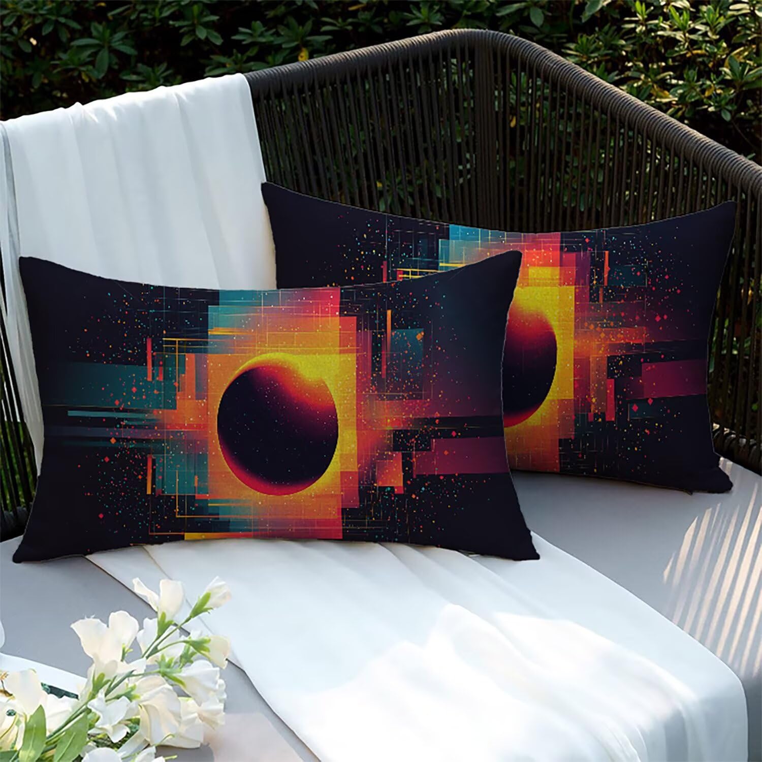 Housses de coussin lin imperméables 70x50 cm noir lot de 2 pour canapé de jardin extérieur