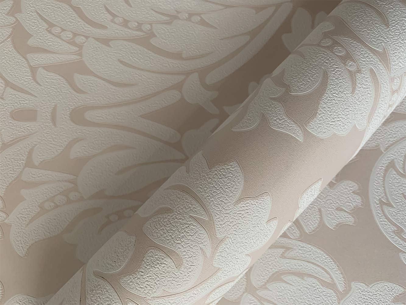 QIHANG European Vintage Damask Wall Paper PVC Embossed Textured Wallpaper Roll Home Decoration Cream-White Color Wallpaper 0.53m*10m=5.3㎡
