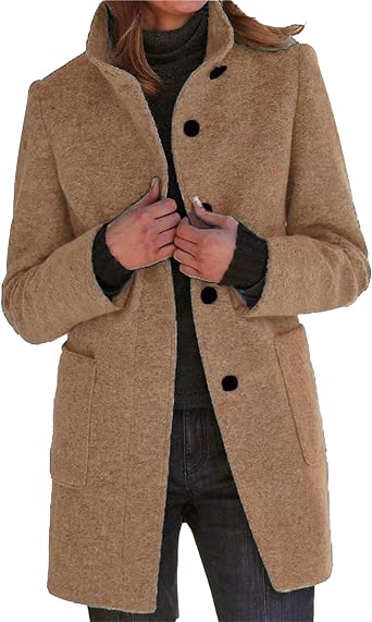 Maiyifu-GJ Womens Fall Winter Wool Blend Pea Coats Mid-Long Trench Coat Stand Collar Single Breasted Overcoat