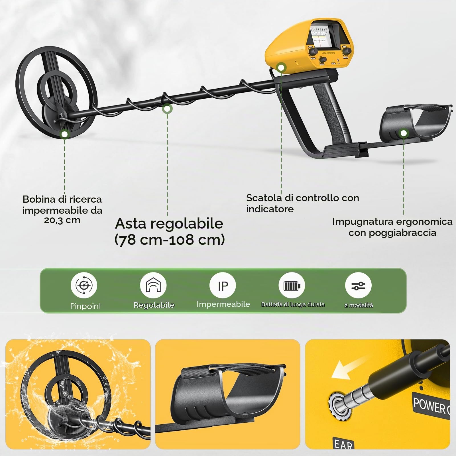 Metal Detector ad Aalta Precisione Impermeabile Altezza Regolabile, Detector Oro 25cm Bobina di Ricerca Rilevatore per Bambini e Adulti, Cercatore d'Oro, Batteria Ricaricabile