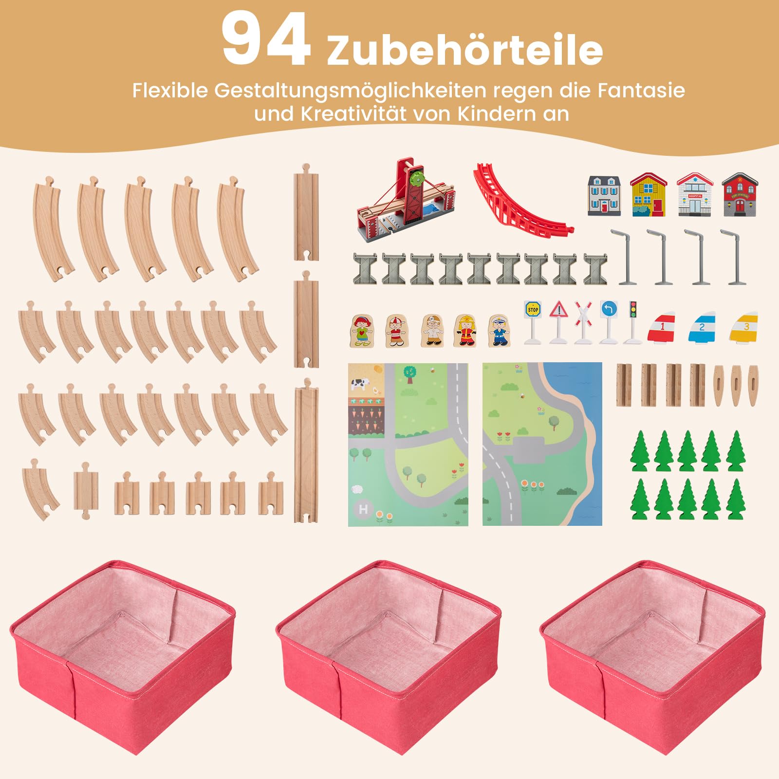 COSTWAY Drewniany zestaw kolejowy ze stołem, 94-częściowy zestaw kolejowy z 2 odwracalnymi blatami, 3 szufladami z materiału, stół do zabawy 2 w 1 z akcesoriami z drewna, stół do aktywności dla dzieci