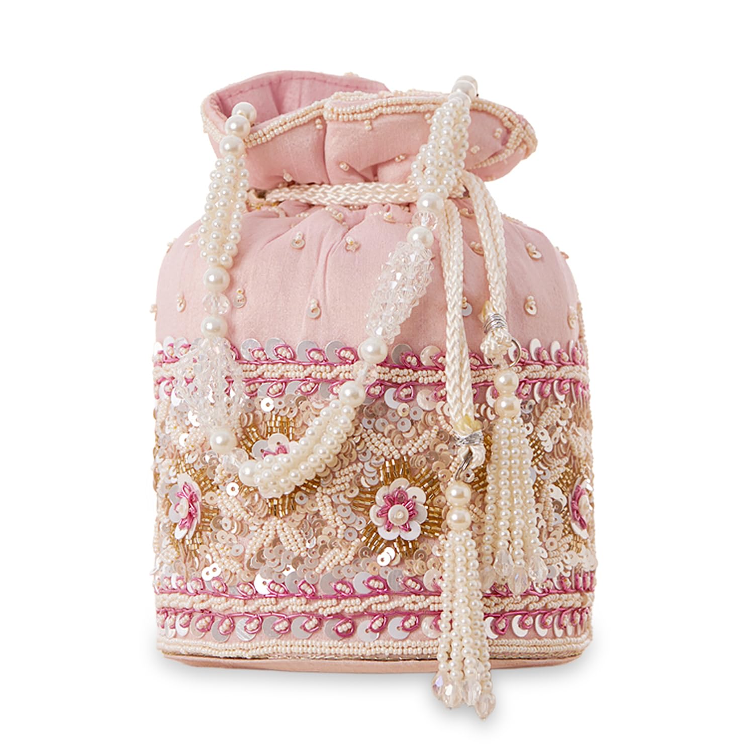 rubans Potli Bag Pink Pearl Beaded Sequin Embroidered Floral Bridal Wedding Festive Handbag Gift for Women & Girls-picture-46
