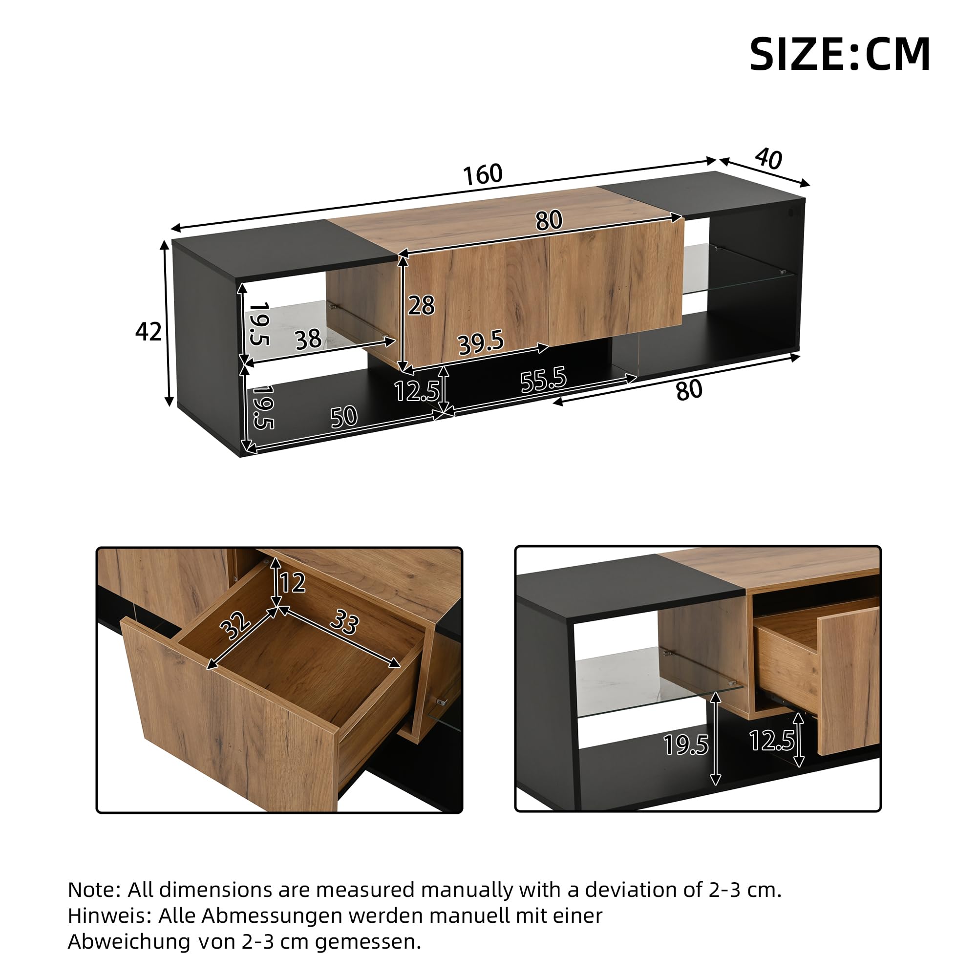 Szafka pod telewizor z szufladami, otwarte półki na telewizor o przekątnej do 70", długość 160 cm, do salonu, sypialni, kredens, dużo miejsca do przechowywania, nośność 40 kg, kolor czarny + kolor
