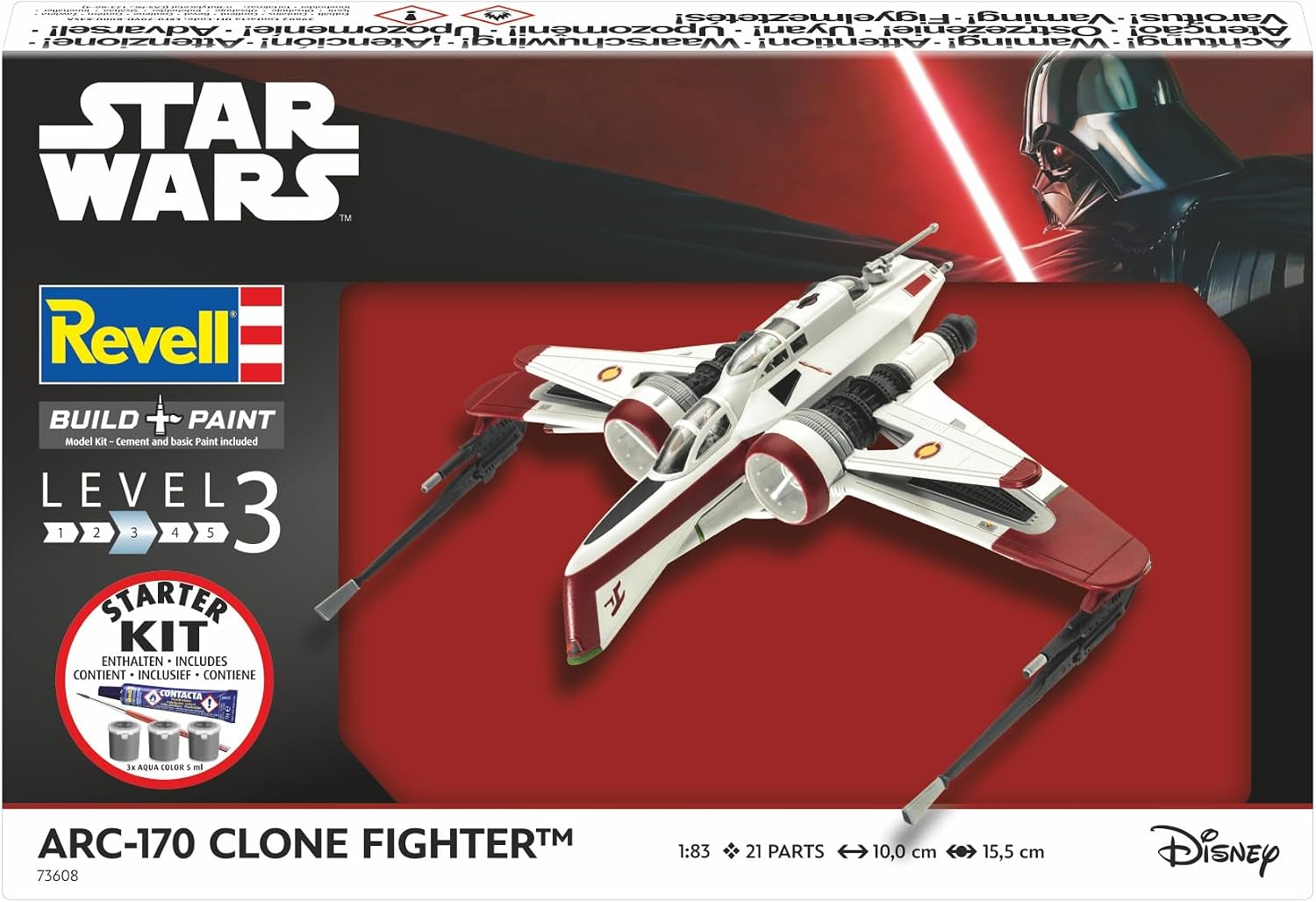 Revell 73608 Starter Kit ARC-170 Fighter 1:83 Scale, Plastic Model Kit with Basic Paint Colours, Model Glue, and Paintbrush