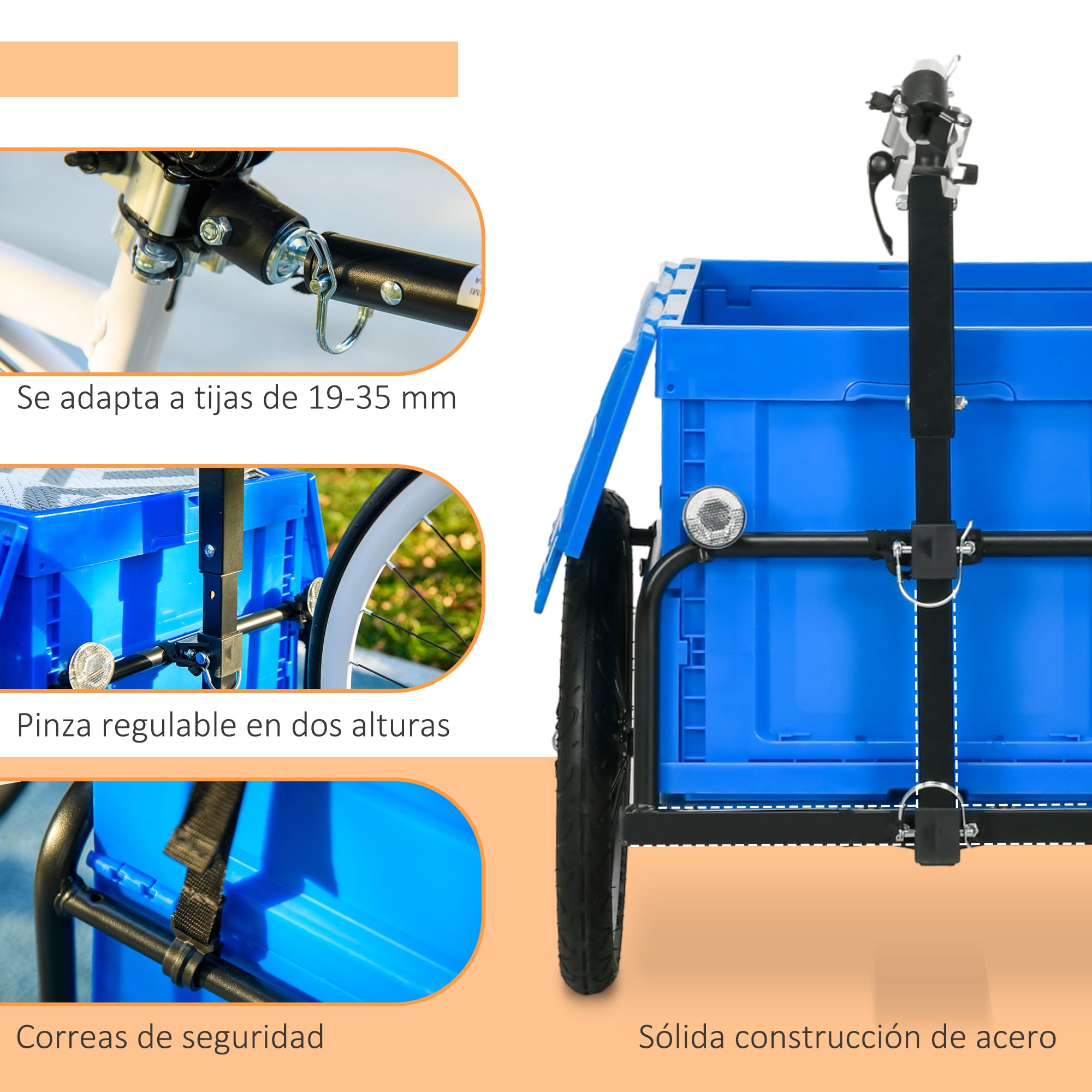 HOMCOM Remolque para Bicicleta de Carga 65 L Remolque para Bici Carro para Bicicleta con Mango Ajustable Caja de Almacenamiento Plegable y Reflectores Seguros Carga 40 kg Azul