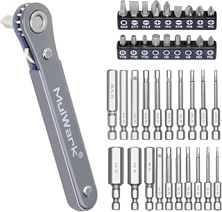 MULWARK 20PC 1/4 Ultra Low Profile Mini Ratchet Wrench Close Quarters Screwdriver Set and 20PC Hex Head Allen Wrench Drill Bit Set Bundle