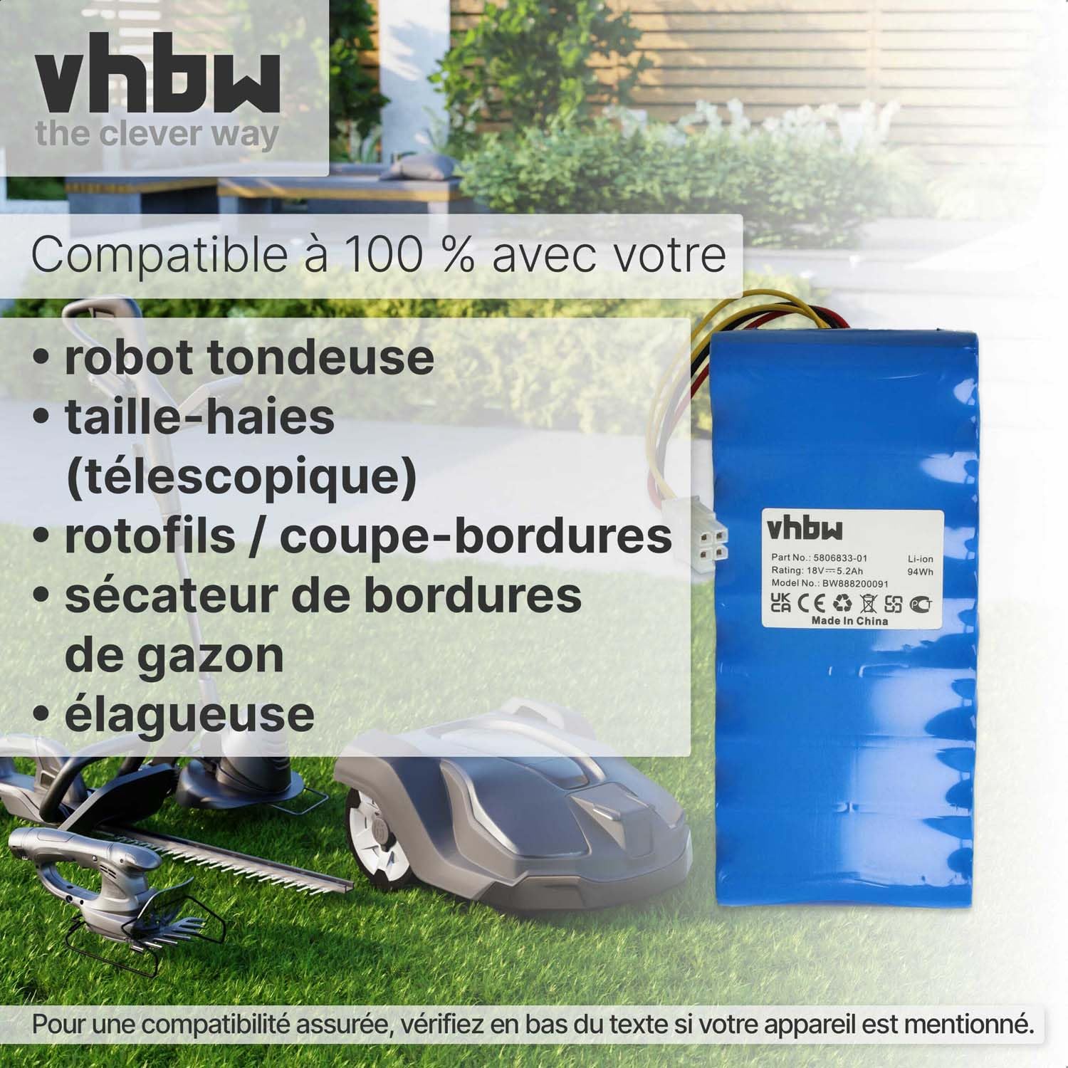 vhbw Bloc de Batteries Compatible avec Husqvarna Automower 550 (Jusque 2019/2020), 520 (Jusque 2019/2020) Robot Tondeuse (5200mAh, 18V, Li-ION)