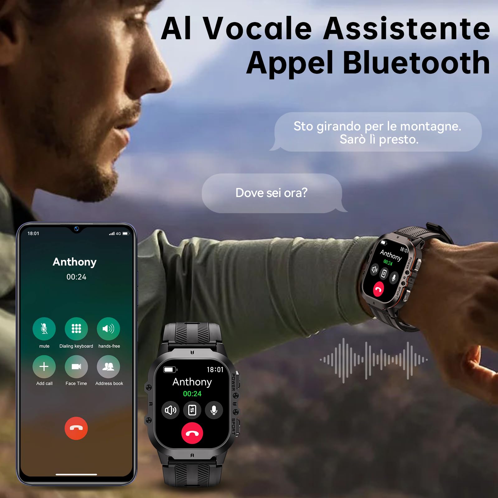 OUKITEL Smartwatch Uomo BT20 Impermeabile Fitness Watch 1.96 Pollici AMOLED Touch Screen con Funzione Telefono, 100 + Modalità Sport con Cardiofrequenzimetro, Contapassi, per iOS/Android