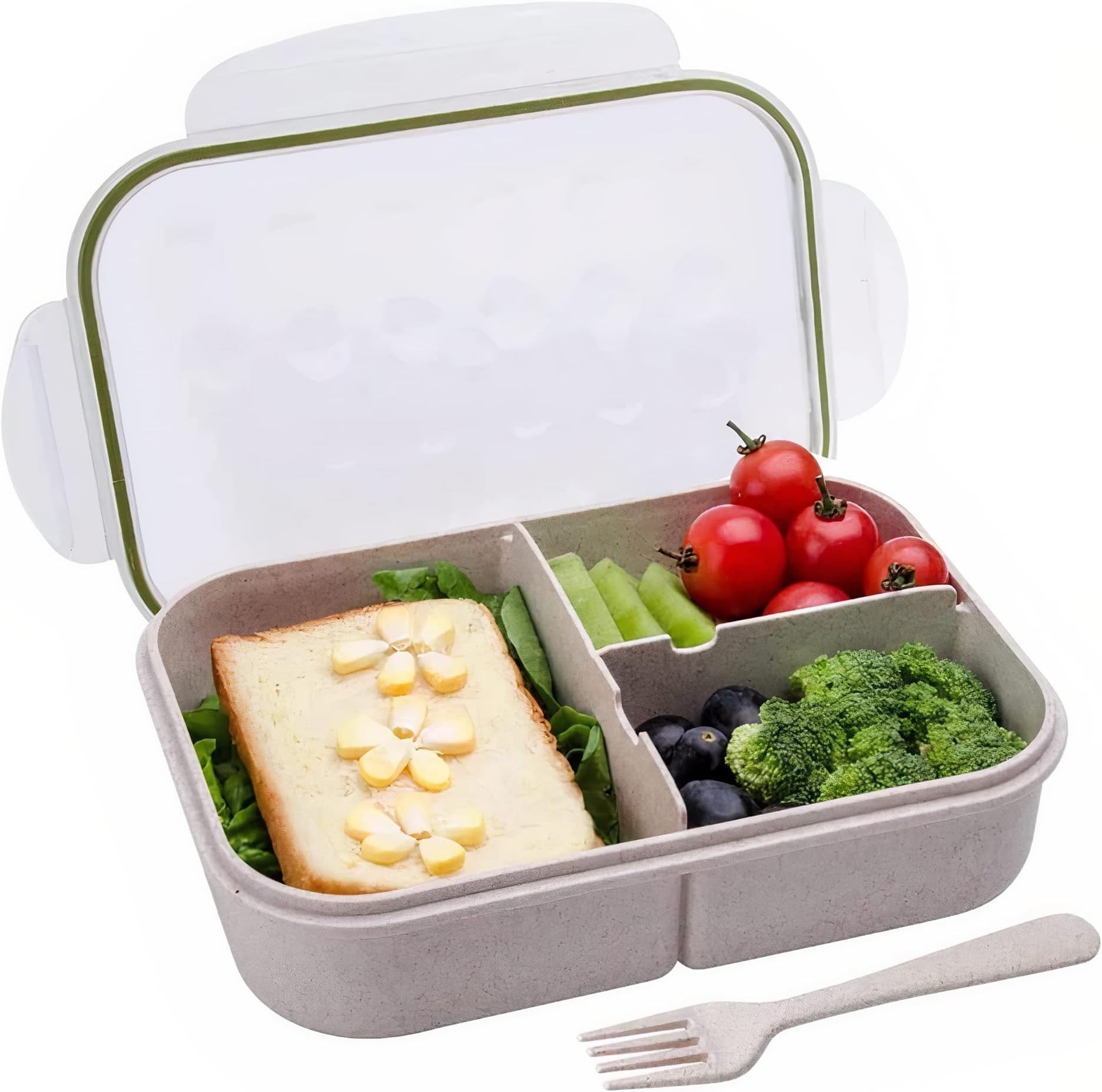 Bento Box Lunch Box Containers with Fork for Adults & Kids 3 Compartments Lunchbox Tupperware Leak-Proof BPA-free Food-Safe Materials