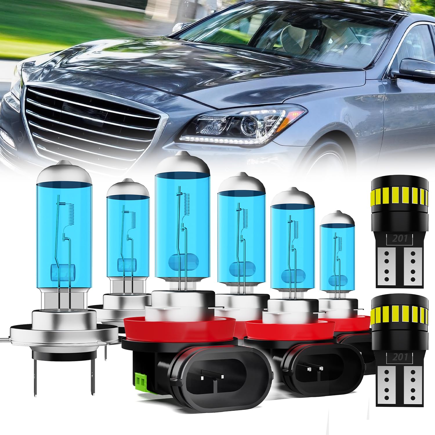Headlight Bulbs License Plate Lights Fit For Hyundai Genesis Coupe 2013-2016, H7 High Beam + H11 Low Beam + H11 Fog Lights Halogen Light Bulb + License Plate Lights, Pack of 8