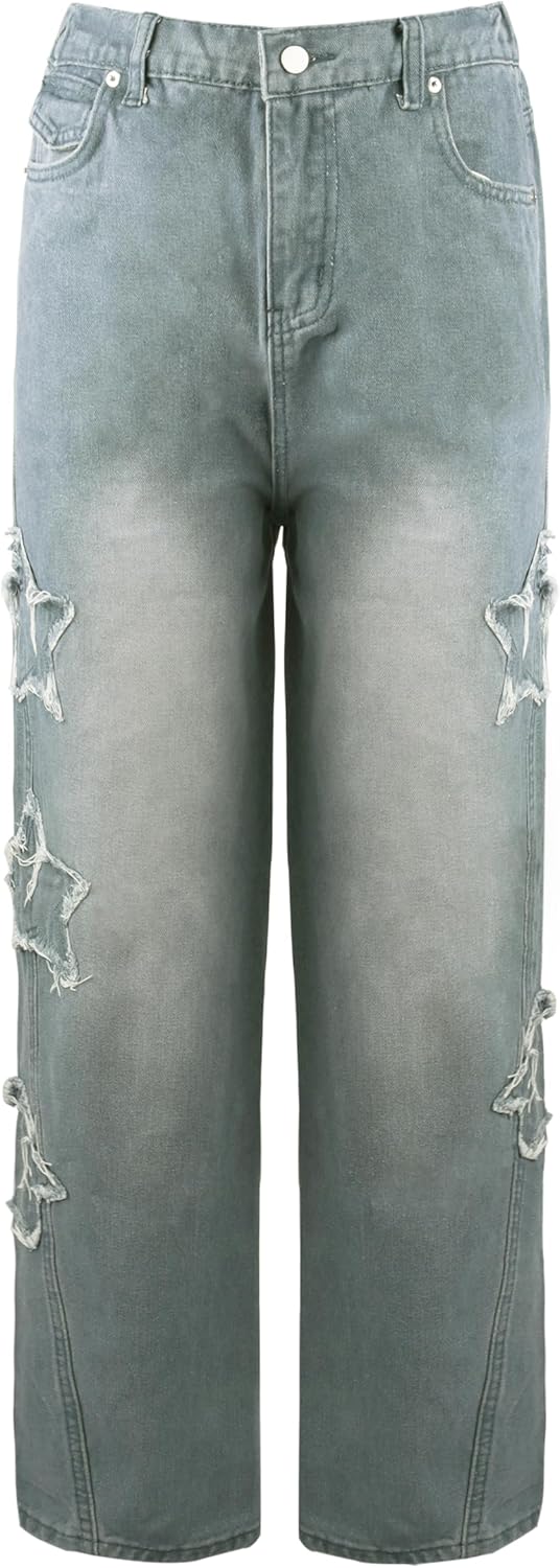 AULKEEP Womens Star Print Gradient Jeans Loose Ripped Graphic Pants Punk High Waist Bottom Jeans with Pocket - Image 5