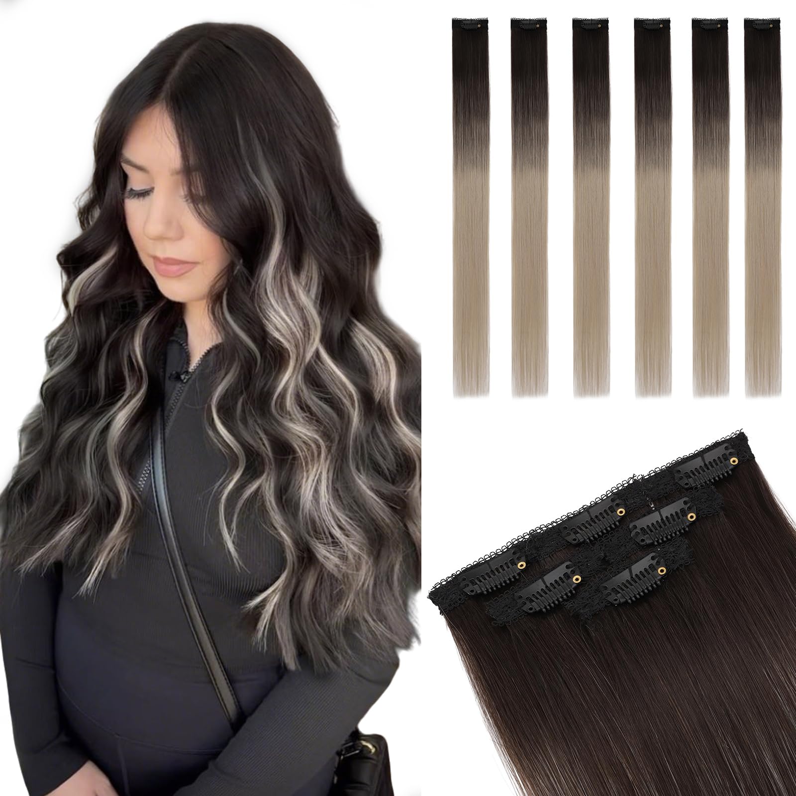 TESS Clip in Extensions Echthaar 6stk 40g, 6 Clip in Haarverlängerung Echthaar Extensions Spitzennetz Remy Extensions 40cm 1BTG4# Naturschwarz/Grau