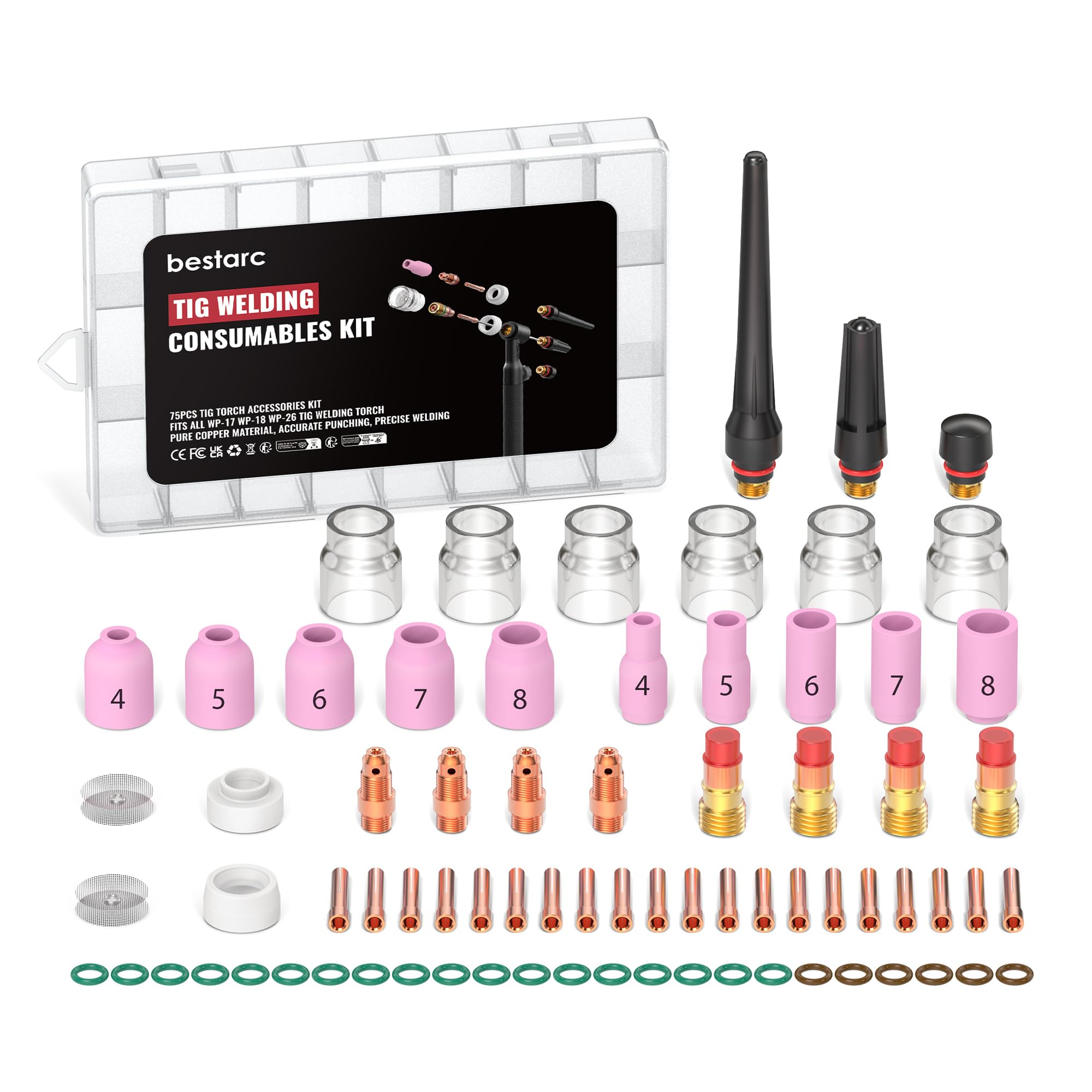 Kit torche TIG WP-17 18 26 bestarc avec buse alumine et lentille à gaz étroite 75 pièces