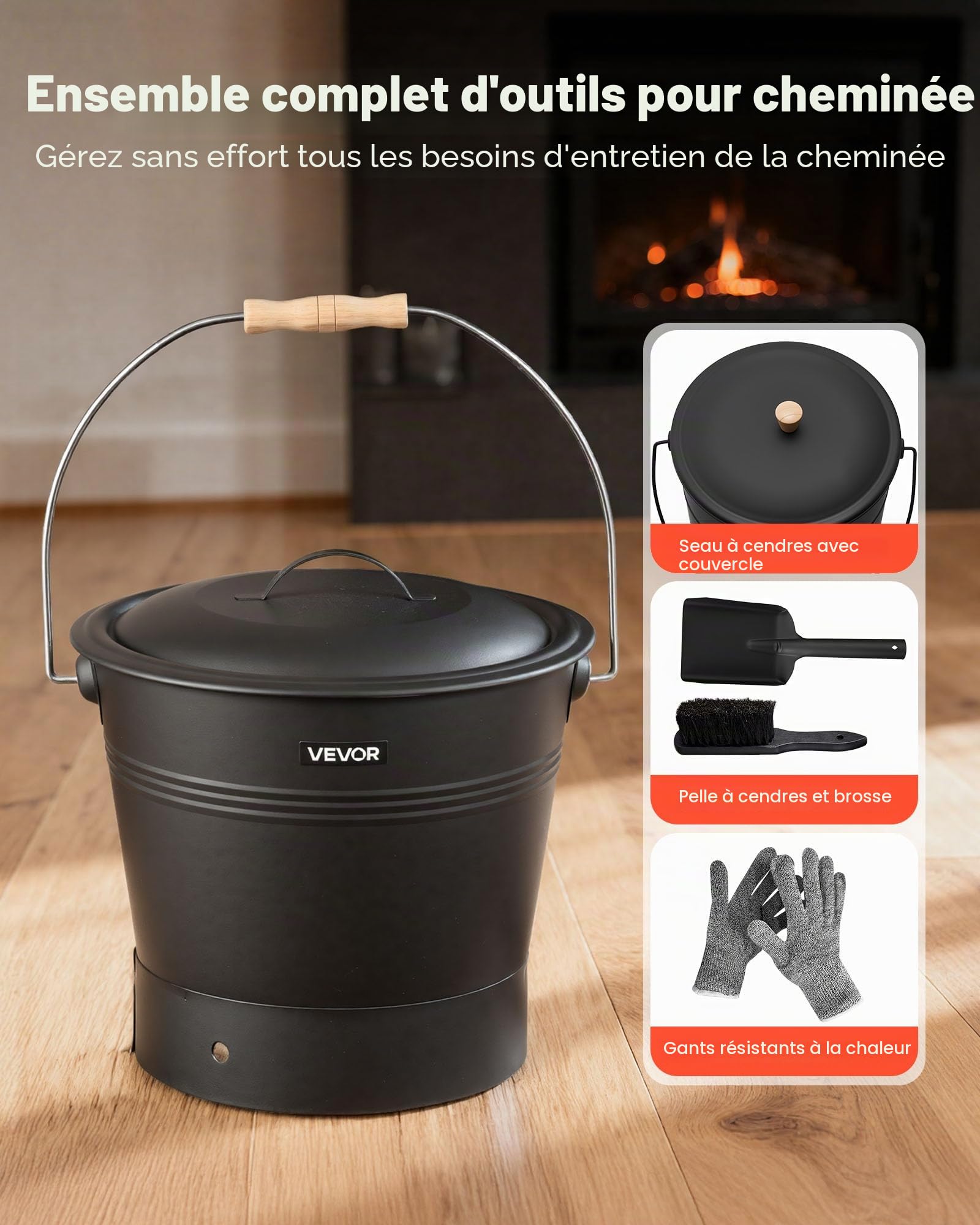 VEVOR Seau à cendres, 4 pièces, seau à charbon de bois et cendrier en métal avec couvercle, pelle, balai et gants, grande capacité de 9,8 L pour cheminée, foyers, poêles à bois, intérieur et extérieur