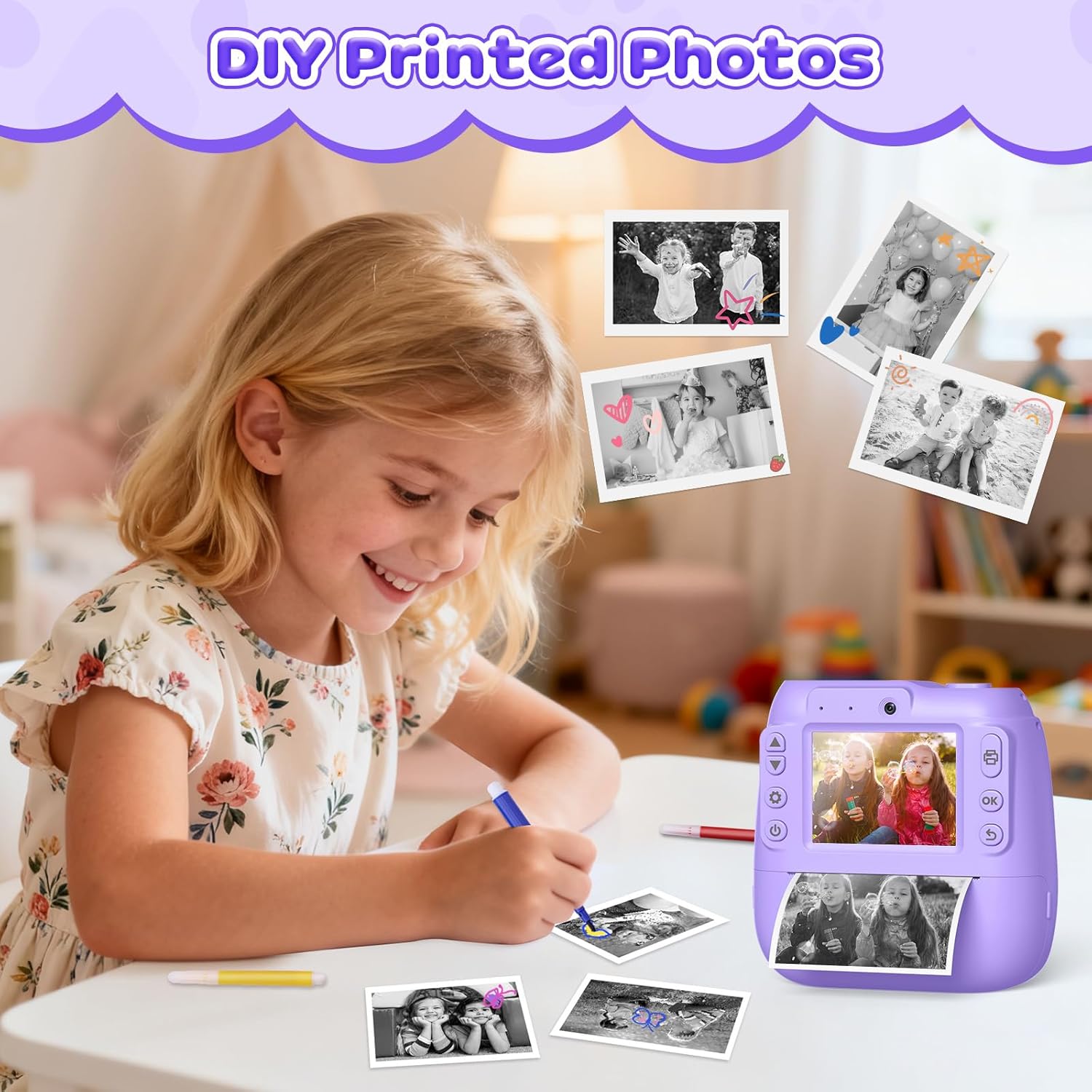 A child drawing on a freshly printed black and white photo from the Hangrui D102 camera, with other printed photos scattered around.