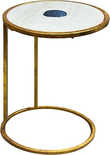 The Urban Port Mesa auxiliar redonda de 20 pulgadas, parte superior de mármol blanco con incrustaciones de piedra de ágata azul, marco de hierro con