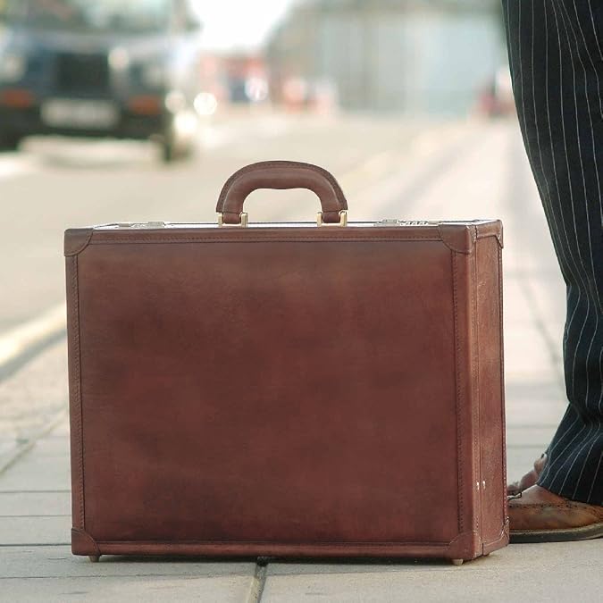 Maxwell Scott - Luxury Leather Large Square Box Attache Briefcase with Combination - Handmade in Italy - The Buroni