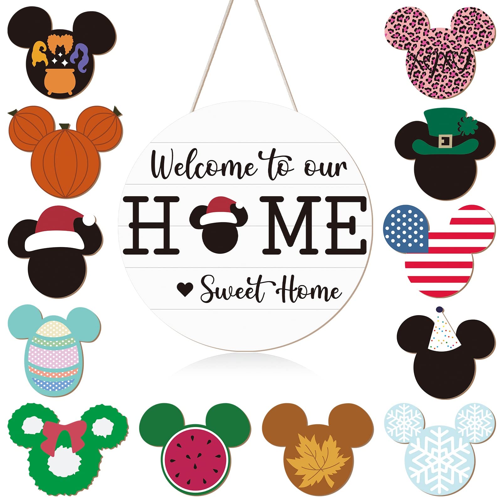 13 Pcs Interchangeable Welcome Sign for Front Door,Summer Mouse Seasonal Door Wreaths Rustic Wooden Hanging Signs Welcome to Our Sweet Home Sign Decor for Housewarming Gifts Outdoor Porch