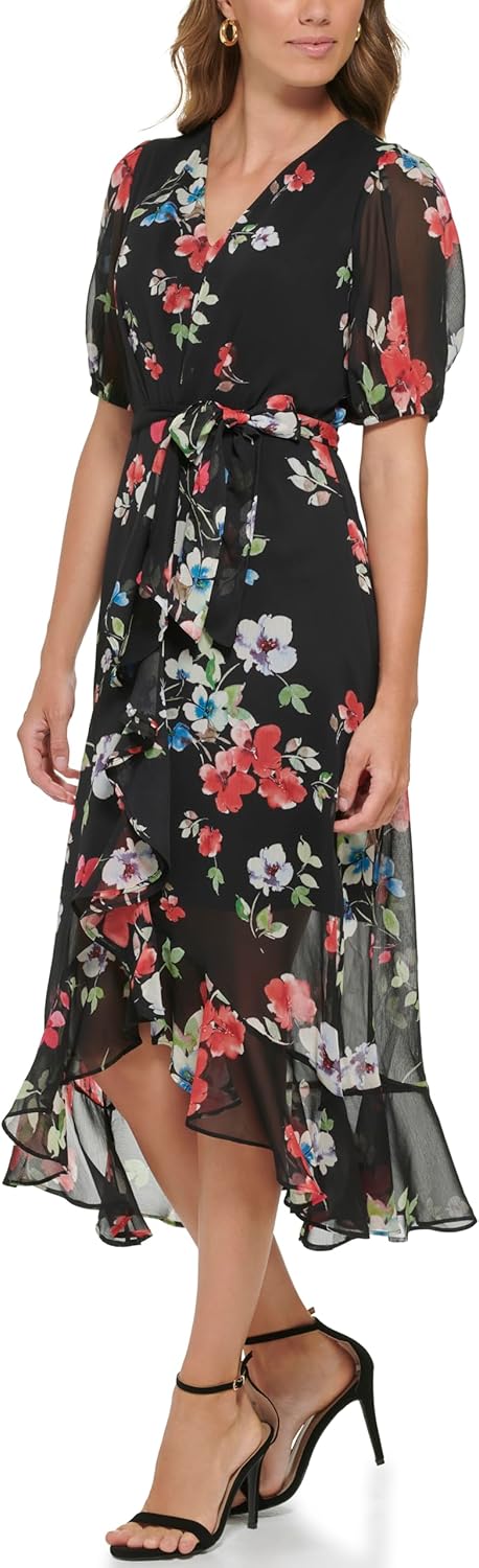 DKNY Womens Ruffle Hem V-Neck Puff Sleeve Dress - Image 2