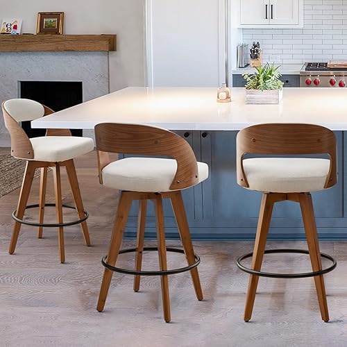 MEKLIBA Barstools Set of 3,Bar Height Bar Stools for Kitchen Island,30.3 Inch Modern Upholstered Bar Chair, Swivel Bar Stools with Back and Wood Legs (Beige-Fabric)