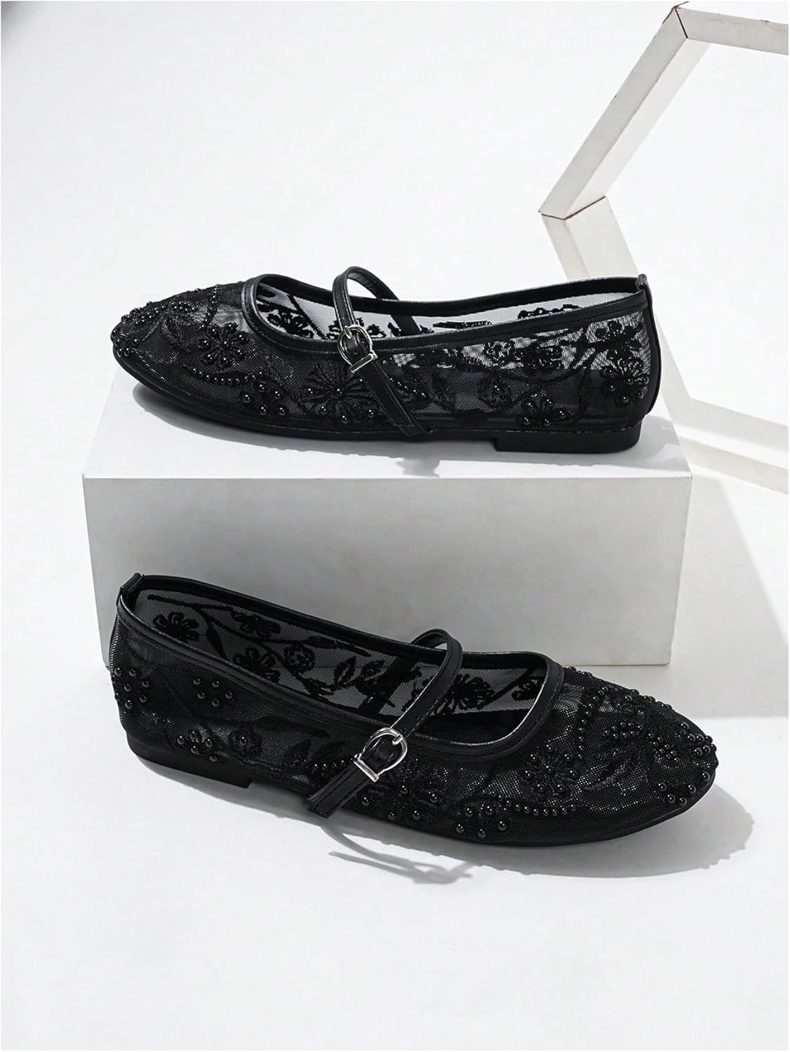 MakeMeChic Women's Studded Mesh Ballet Flats Floral Round Toe Elegant Flat Shoes
