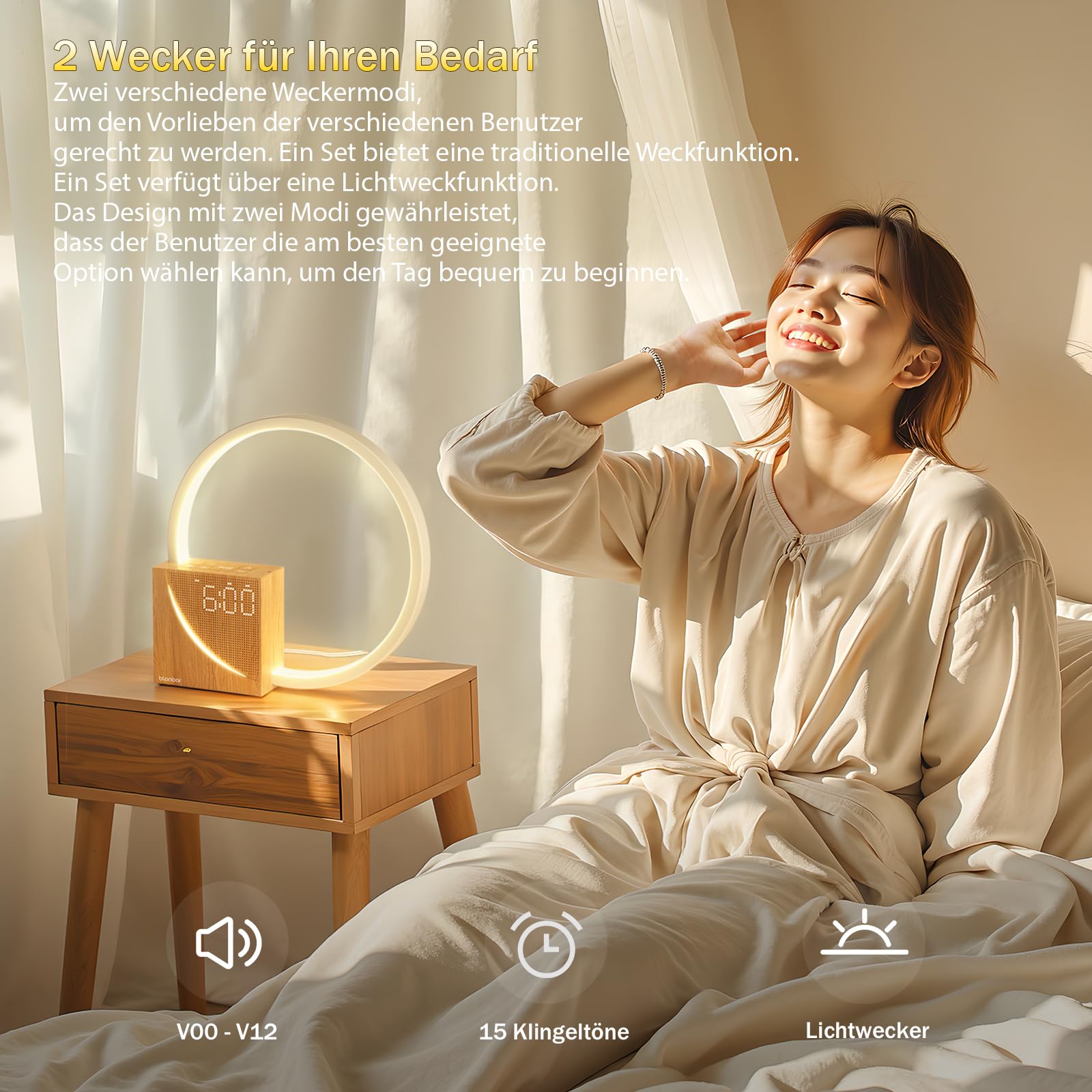 Blonbar 4 in 1 Lichtwecker Nachttischlampe mit Tageslichtfunktion Touch-Steuerung Dimmbar USB-Ladefunktion