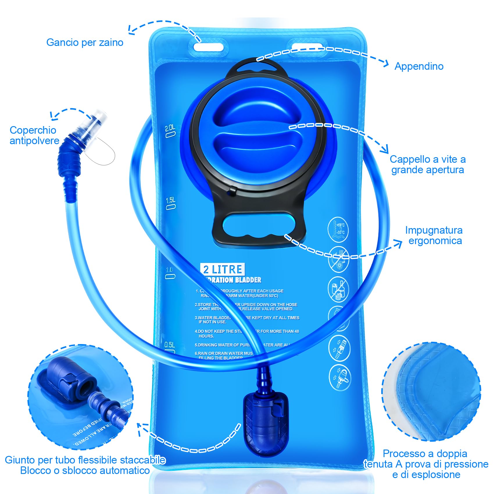 Sacca per l'idratazione, 1,5 l, 2 l, 3 l, senza BPA, a prova di perdite, con grande apertura, zaino militare per ciclismo, escursionismo, campeggio, corsa