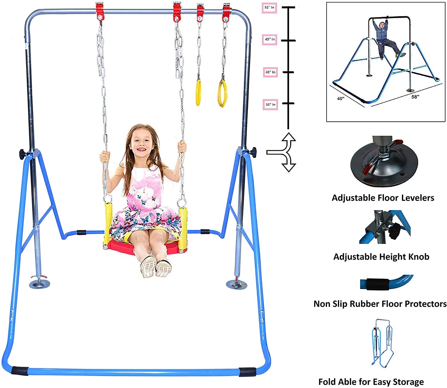 Gymnastics Bar for Kids Expandable Kip Bar 3 in 1 Set with Swing Seat, 2 Trapeze Rings Height Adjustable - Gymnastic Horizontal Bar Monkey Bar Jungle Gym Junior Training Gymnasts Balance Bar (Blue)