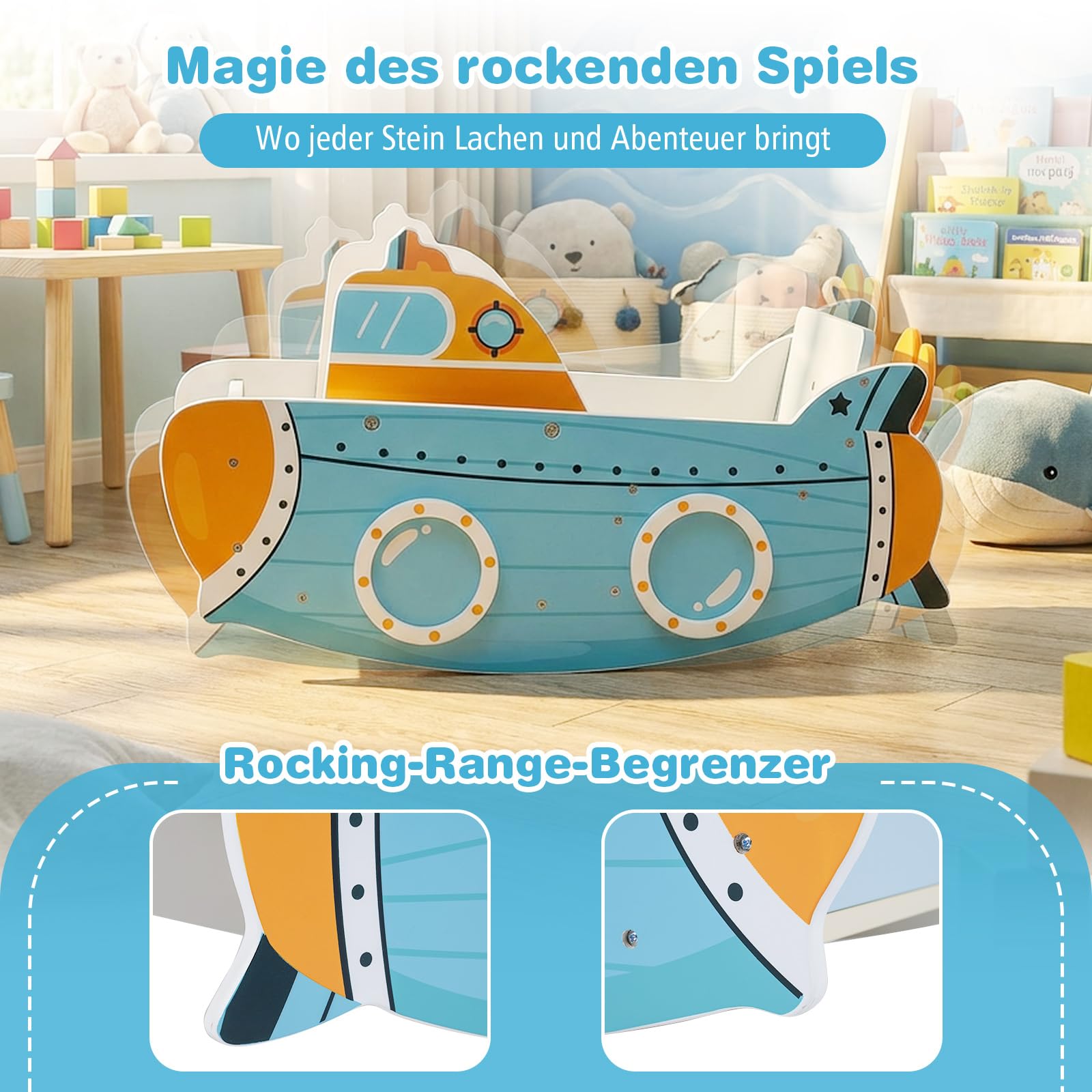COSTWAY Schaukelboot Kinder ab 1 Jahr, Schaukelpferd Holz mit nautischem Design, drehbarem Propeller, Birkenholz-Griffe & breiter Sitz, Baby Schaukelspielzeug, Schaukelwippe, belastbar bis zu 20 kg